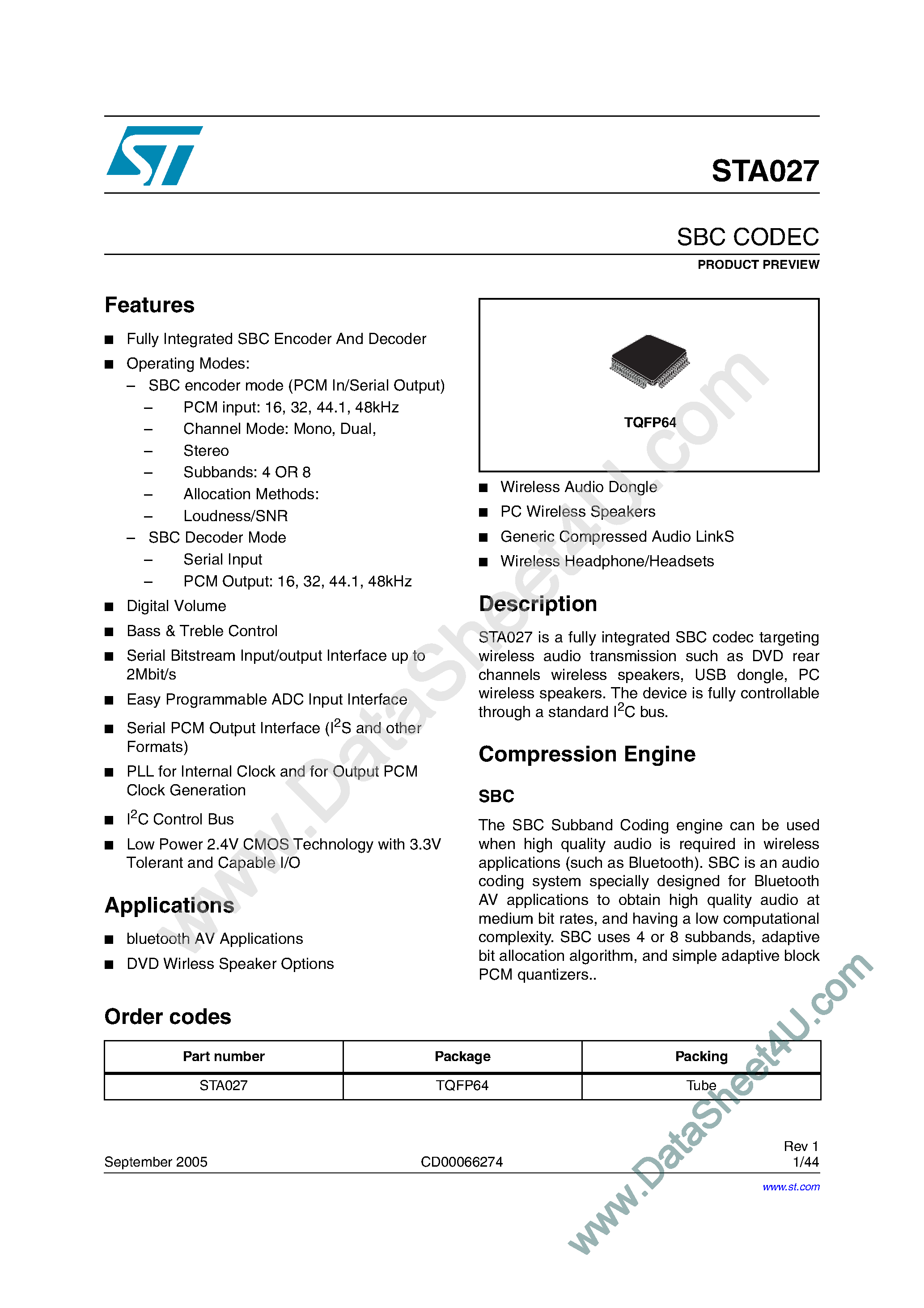 Datasheet STA027 - SBC Codec page 1