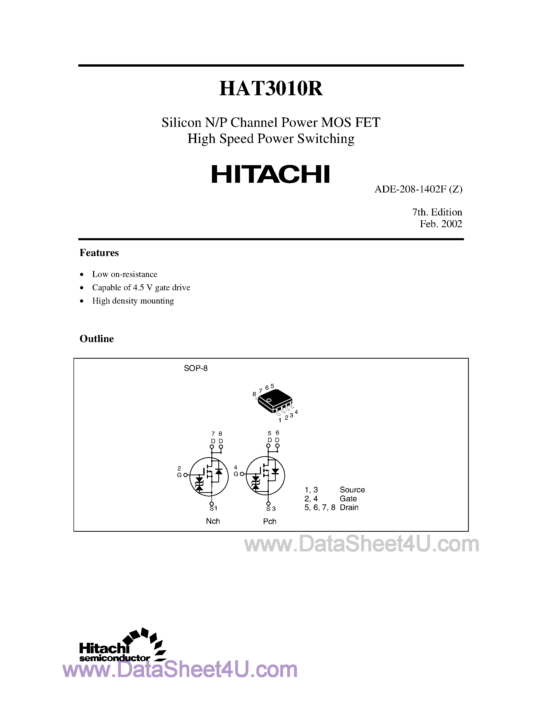 Datasheet HAT3010R - Silicon N/P Channel Power MOSFET page 1