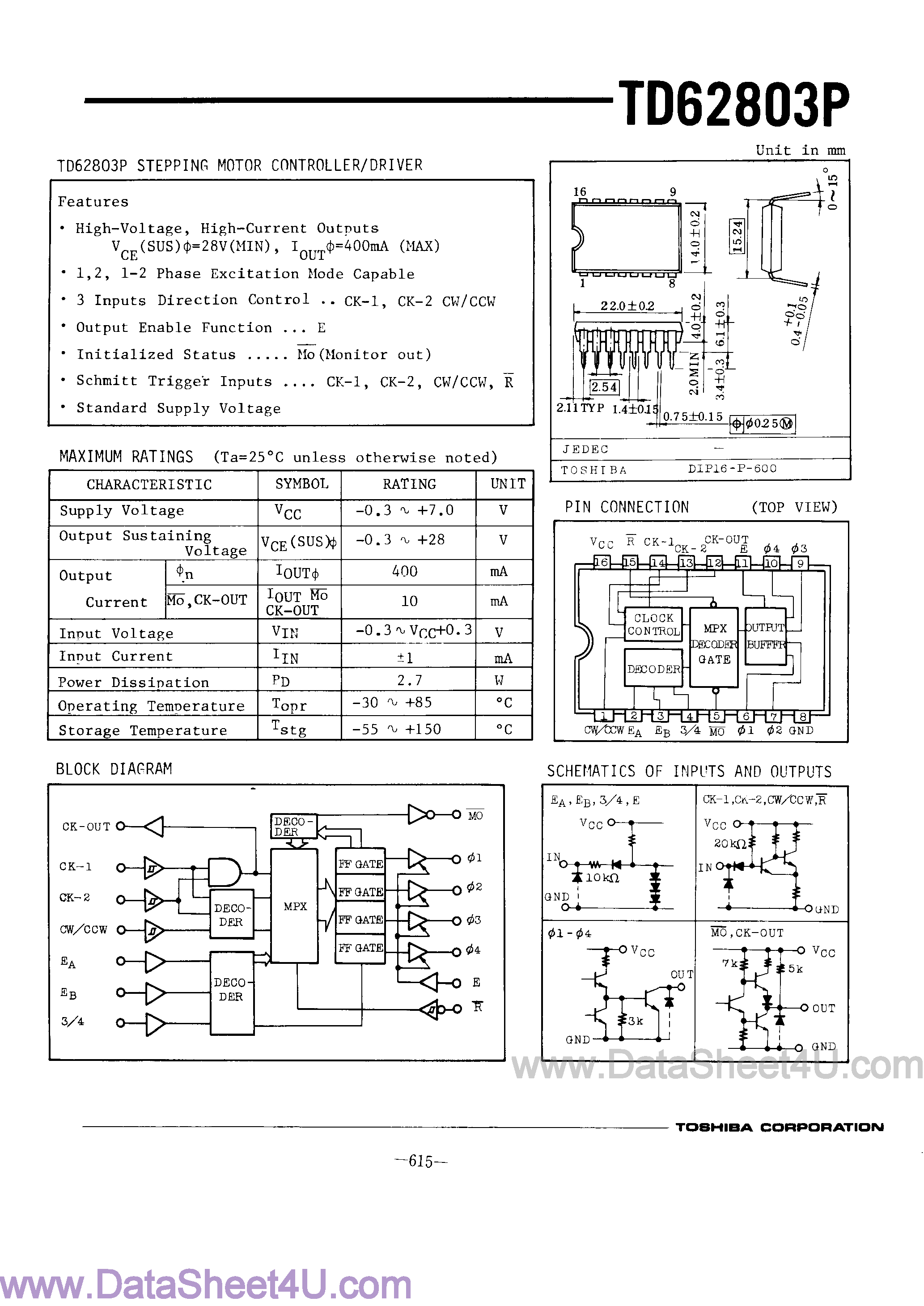Даташит TD62803P - Stepping MOTOR CONTROLLER страница 1