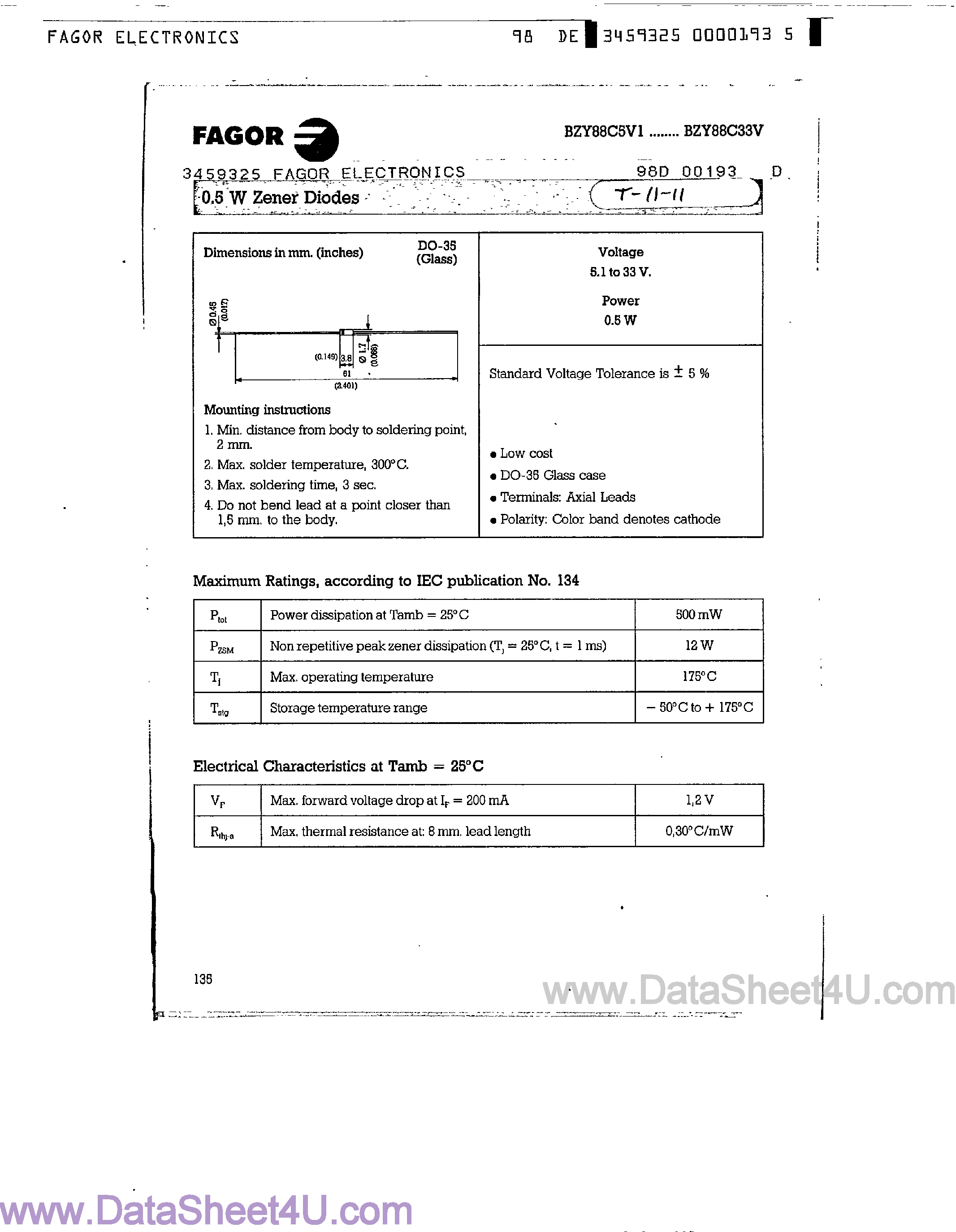 Datasheet BZY88C5V1 page 1 Datasheet BZY88C5V1 - (BZY88C5V1 - BZY88C33V) 0.5 W Zener Diodes page 1