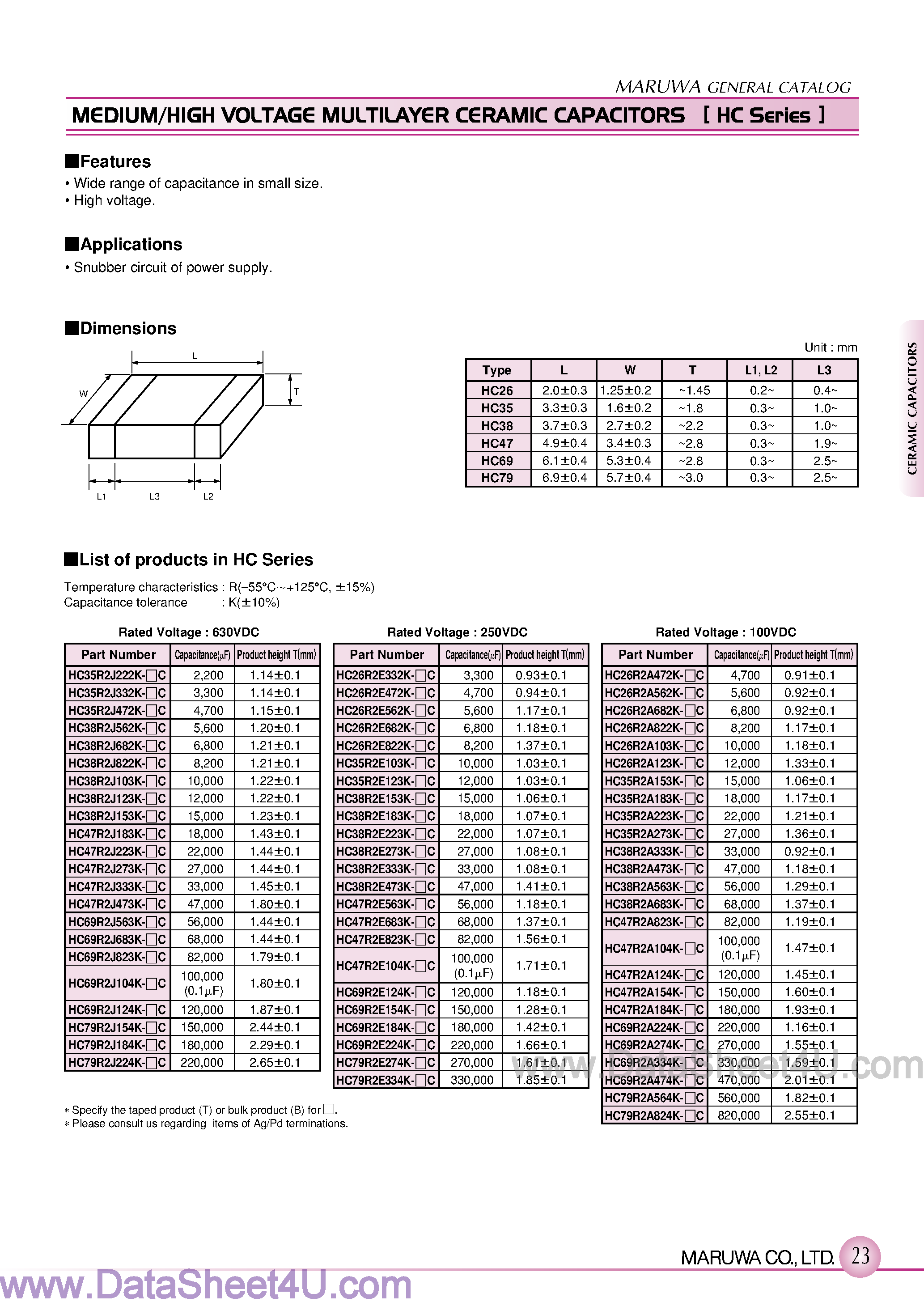 Datasheet HC35Rxxxx - (HC Series) MEDIUM/HIGH VOLTAGE MULTILAYER CERAMIC CAPACITORS page 1