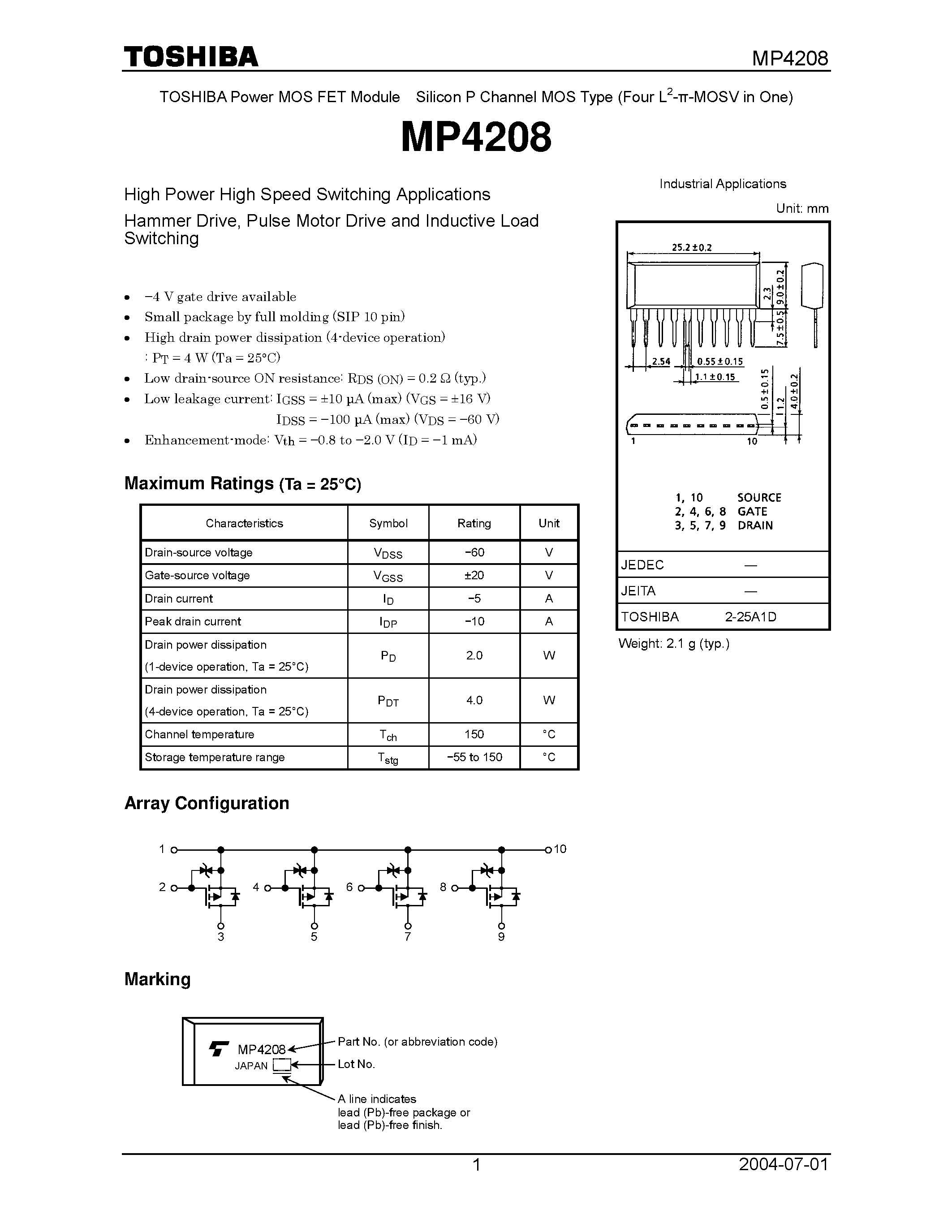 Datasheet MP4208 - N CHANNEL MSO TYPE (HIGH POWER HIGH SPEED SWITCHING APPLICATIONS HAMMER DRIVE page 1