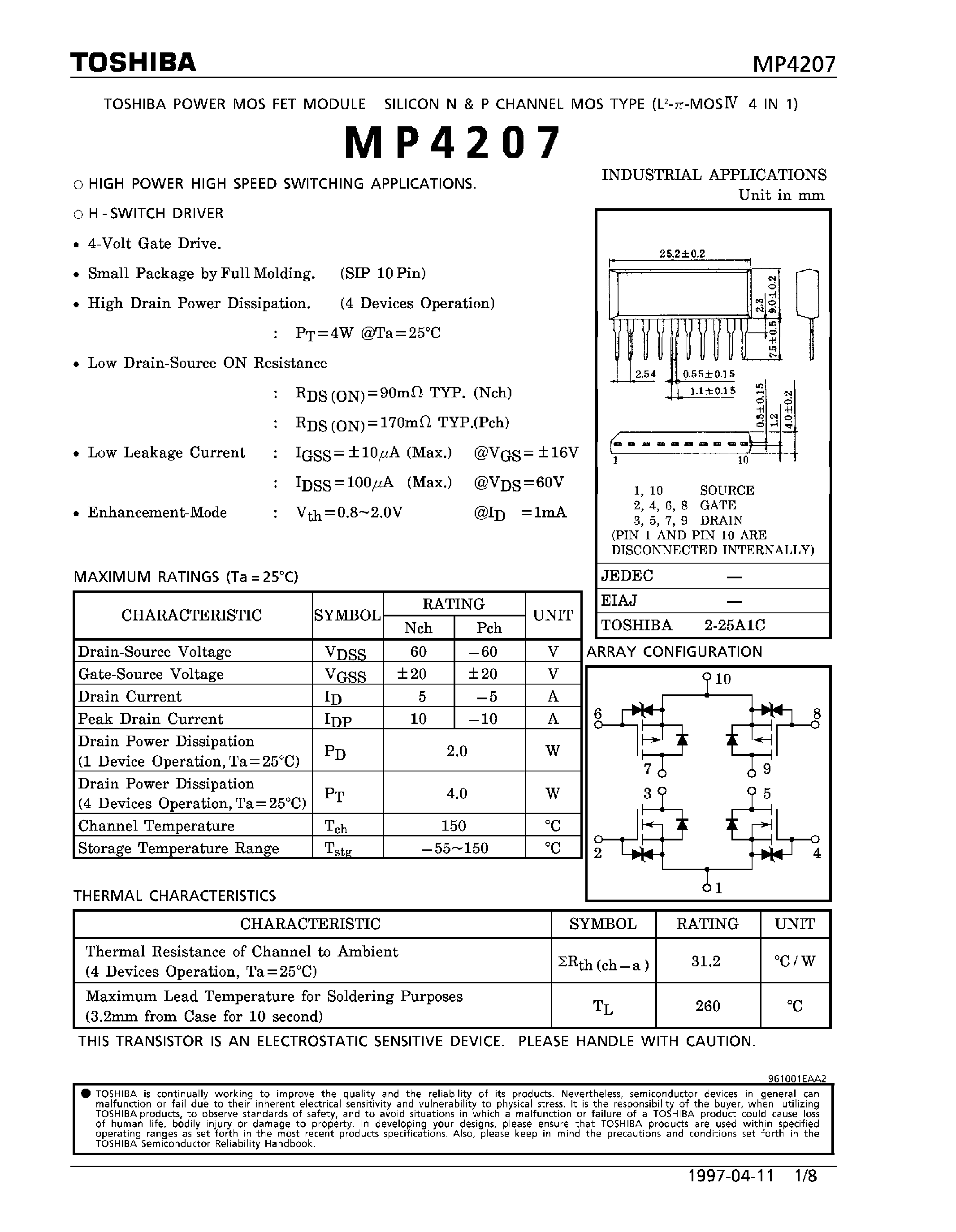 Datasheet MP4207 page 1 Datasheet MP4207 - N & P CHANNEL MOS TYPE (HIGH POWER HIGH SPEED SWITCHING APPLICATIONS) page 1