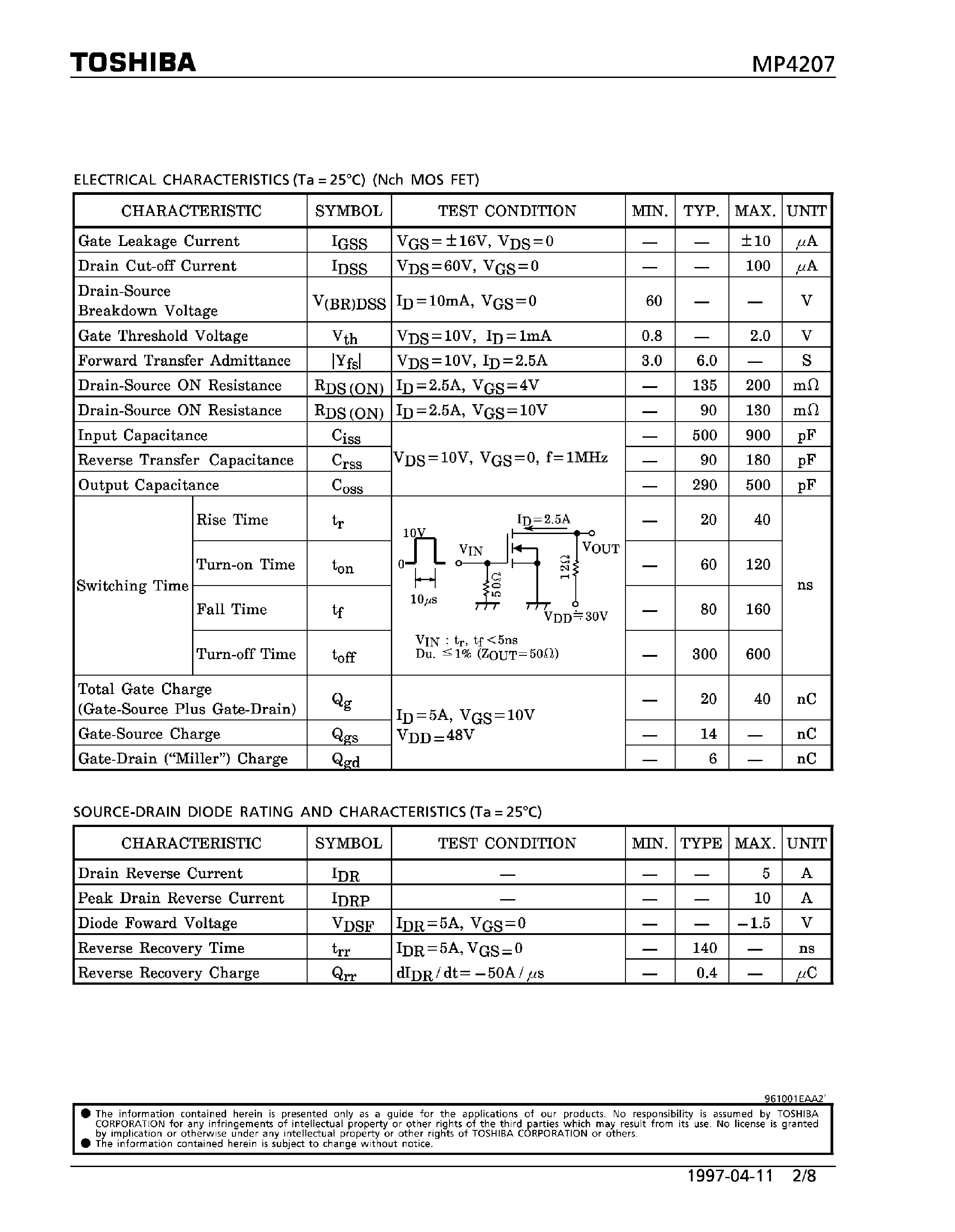 Datasheet MP4207 page 2 Datasheet MP4207 - N & P CHANNEL MOS TYPE (HIGH POWER HIGH SPEED SWITCHING APPLICATIONS) page 2