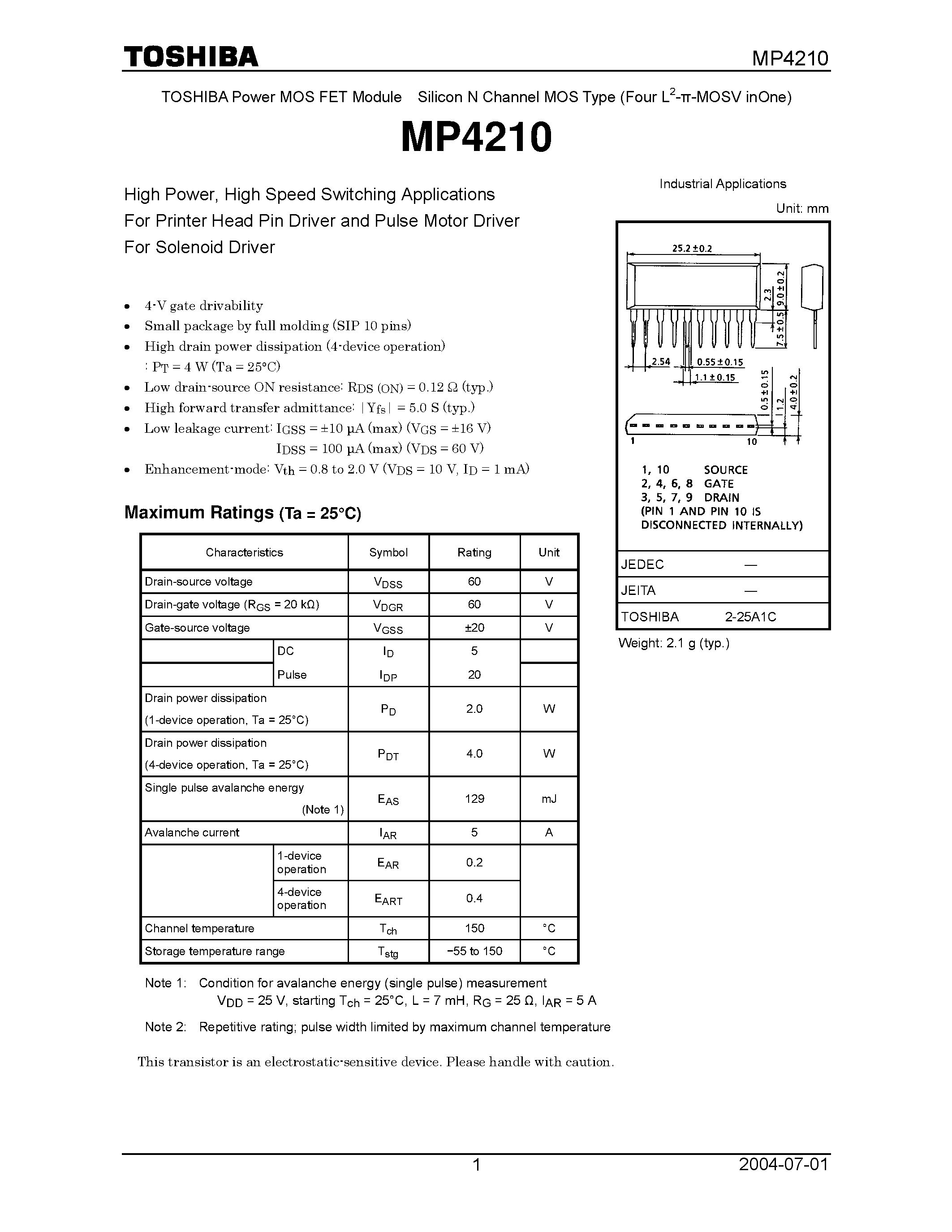 Datasheet MP4210 - POWER MOS FET MODULE SILICON N CHANNEL MOS TYPE page 1