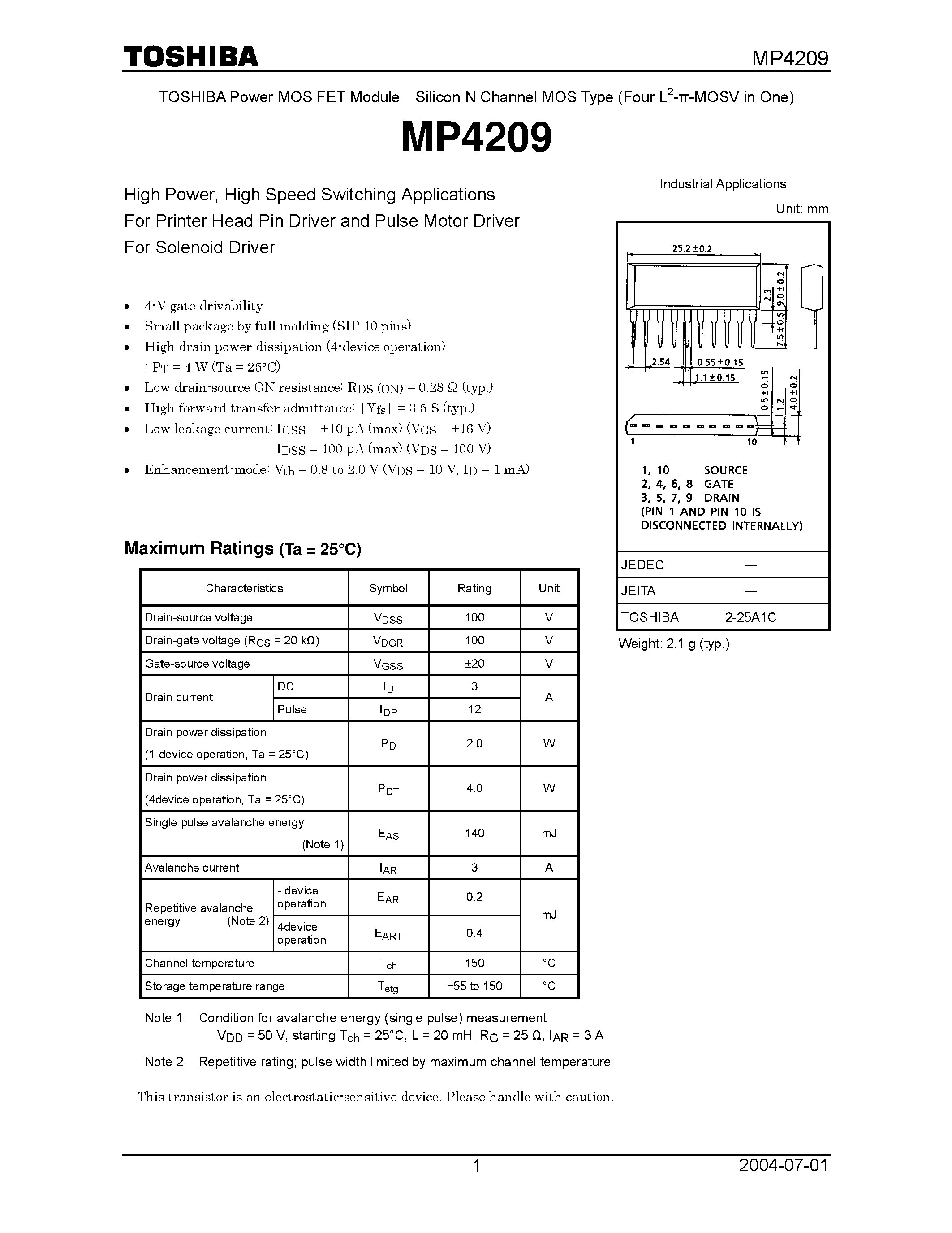 Datasheet MP4209 - N CHANNEL MOS TYPE HIGH POER / HIGH SPEED SWITCHING APPLICATIONS page 1