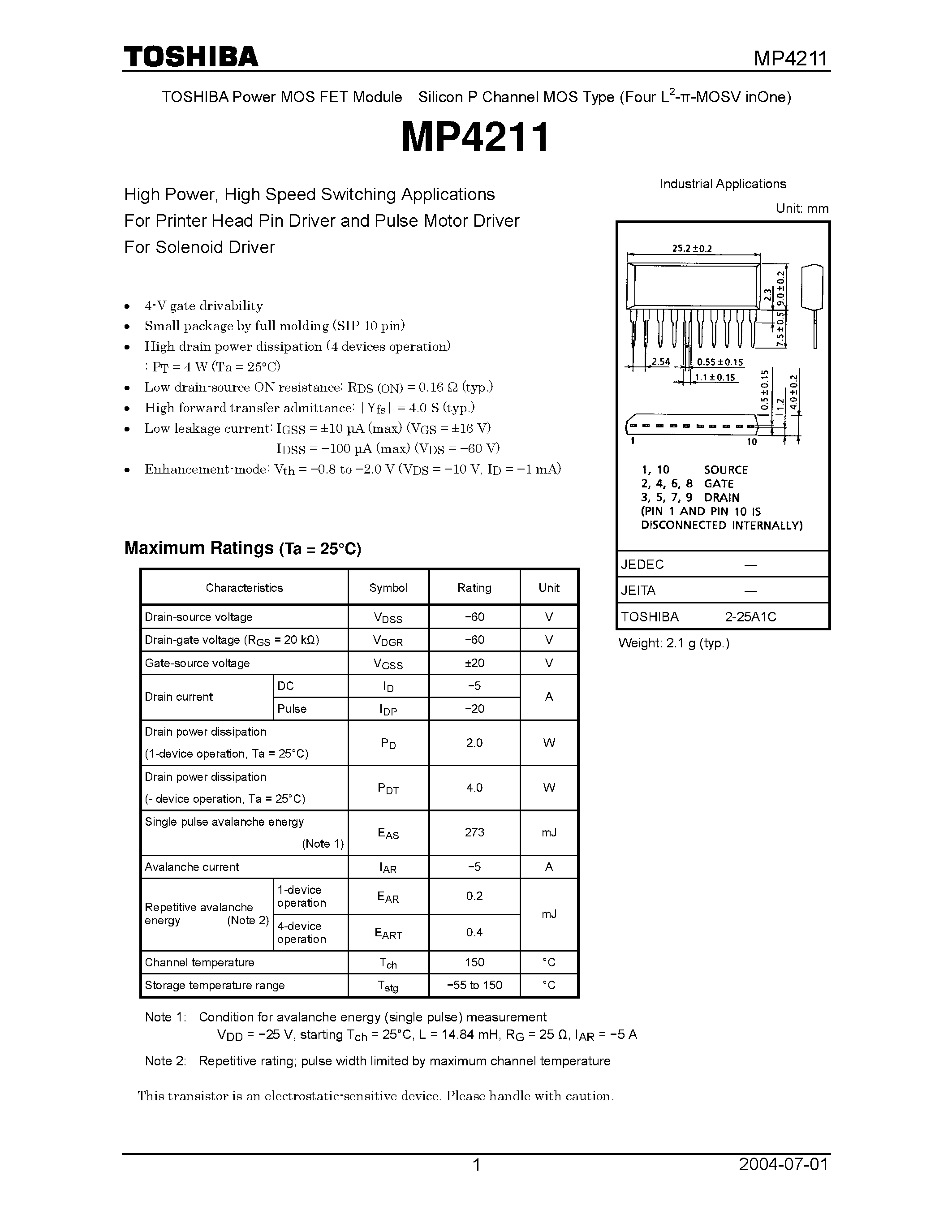Datasheet MP4211 - POWER MOSFET MODULE SILICON P CHANNEL MOS TYPE page 1