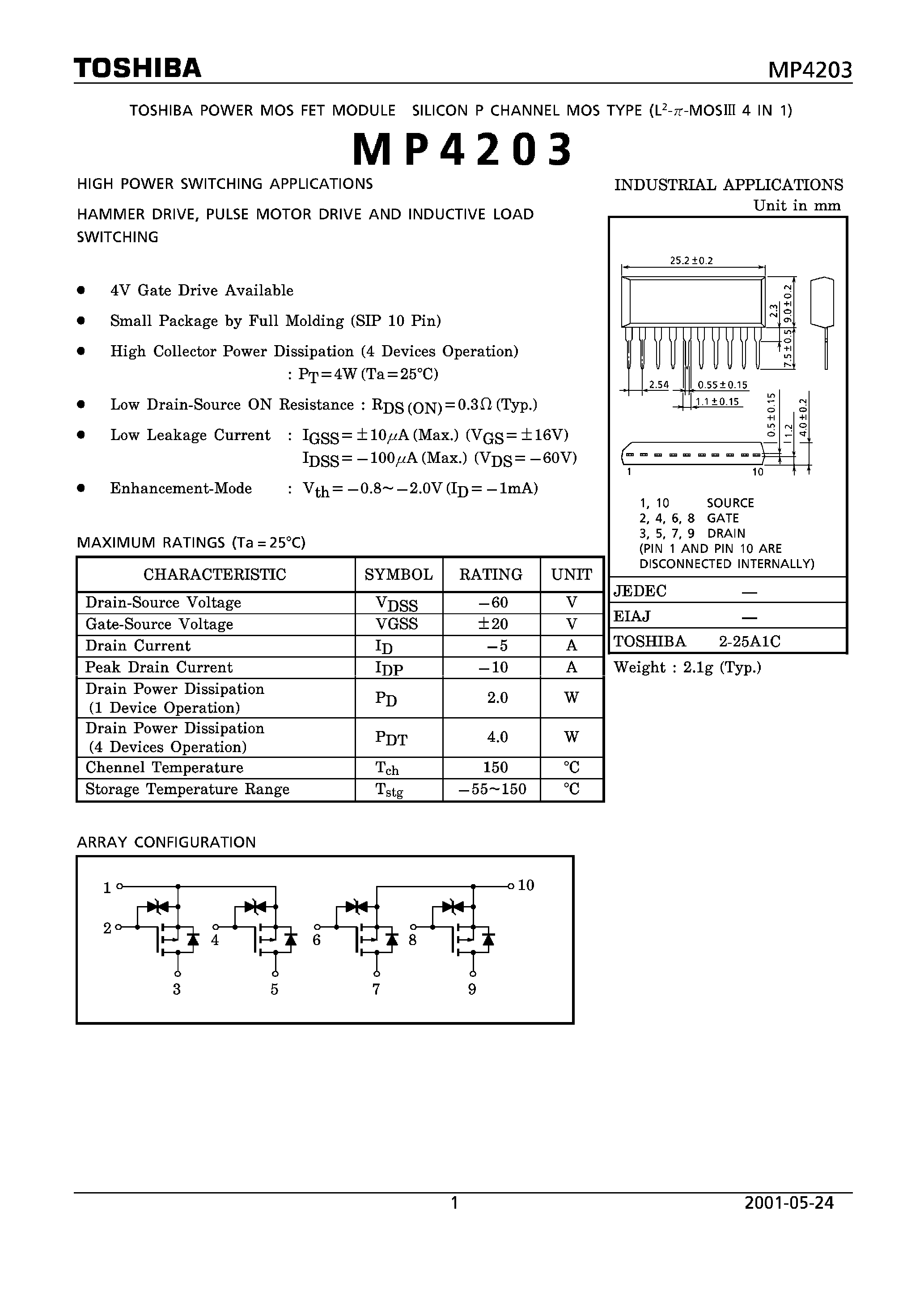Datasheet MP4203 - TOSHIBA POWER MOS FET MODULE SILICON P CHANNEL MOS TYPE page 1