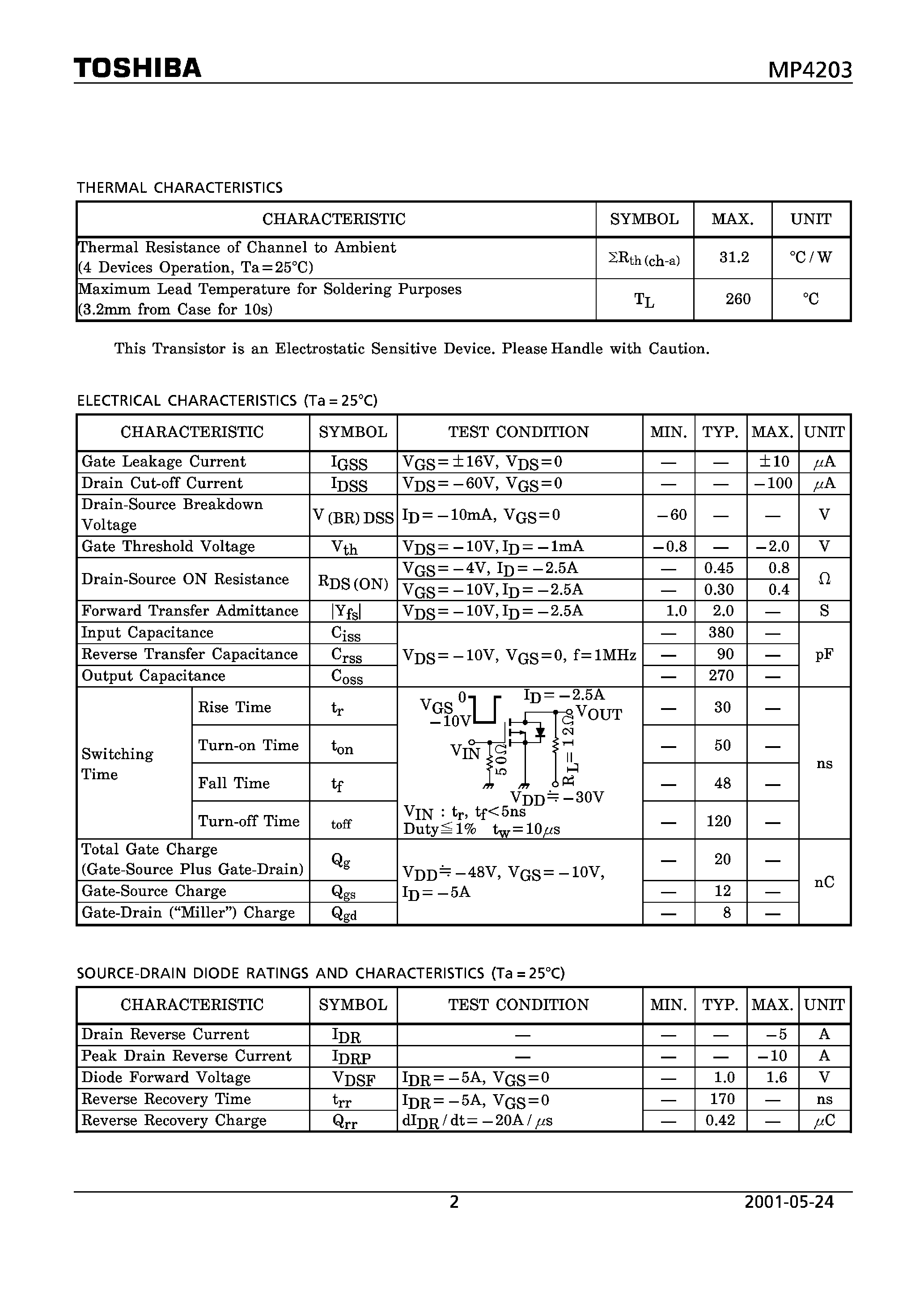 Datasheet MP4203 - TOSHIBA POWER MOS FET MODULE SILICON P CHANNEL MOS TYPE page 2