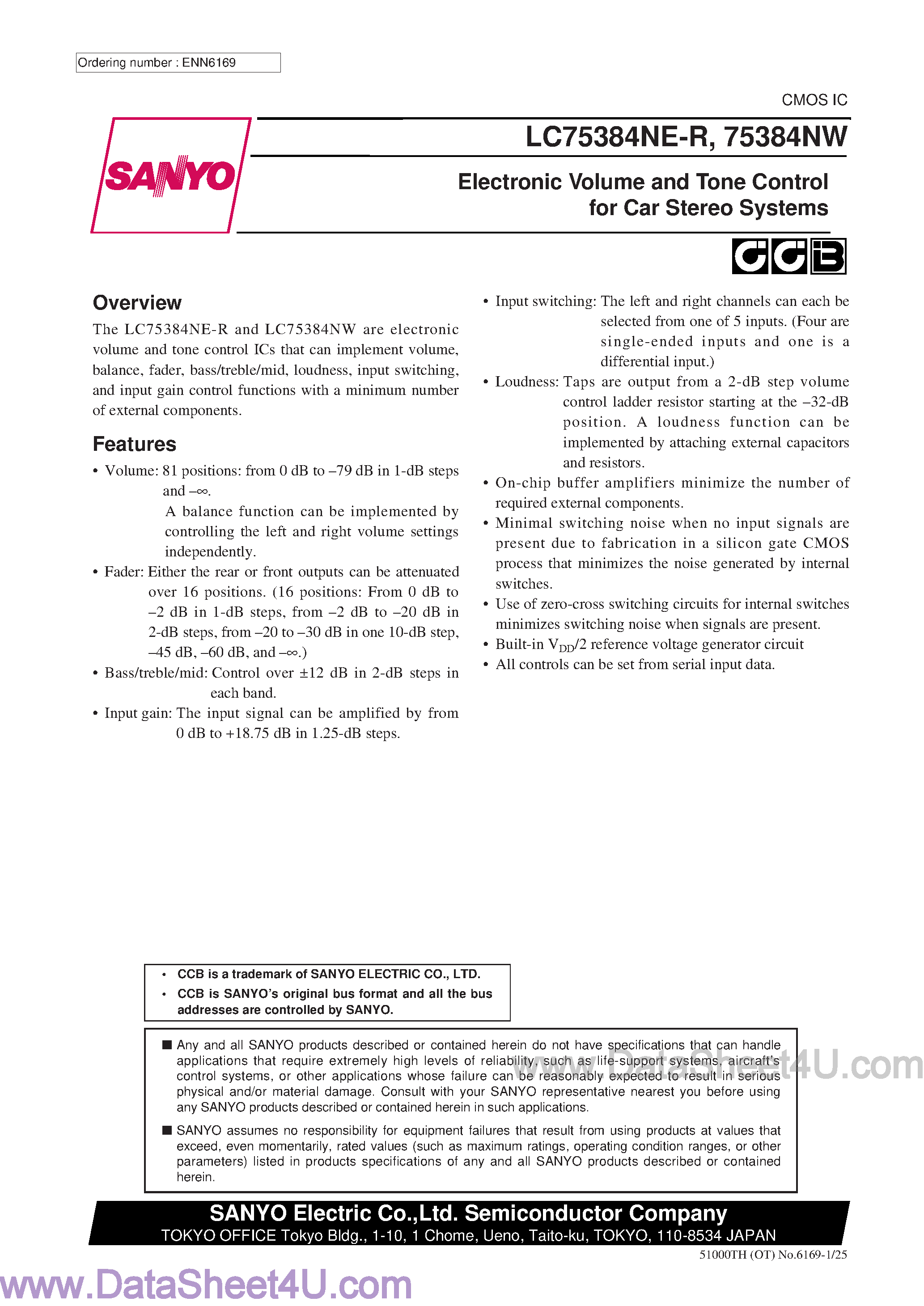 Datasheet LC75384NE-R - (LC75384NE-R/NW) Electronic Volume and Tone Control page 1