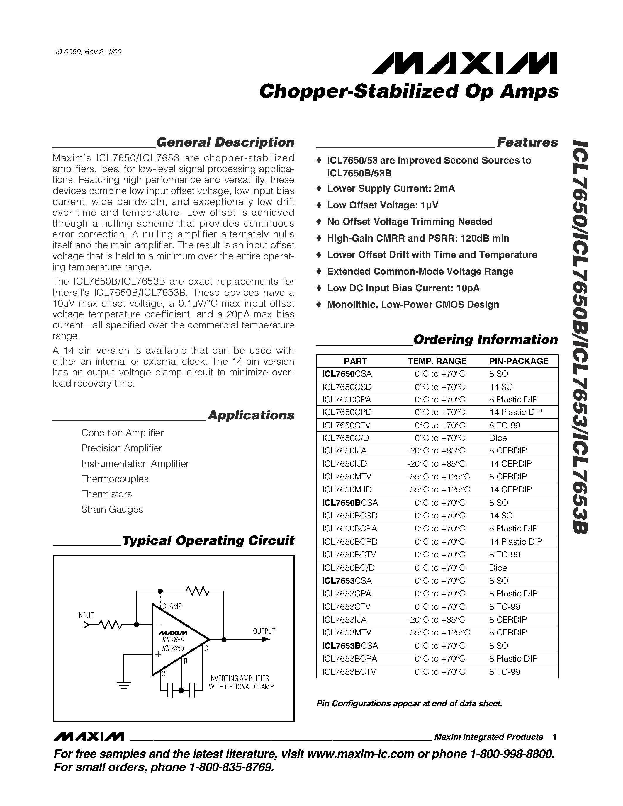 Datasheet ICL7650 - (ICL7650x / ICL7653x) Chopper-Stabilized Op Amps page 1
