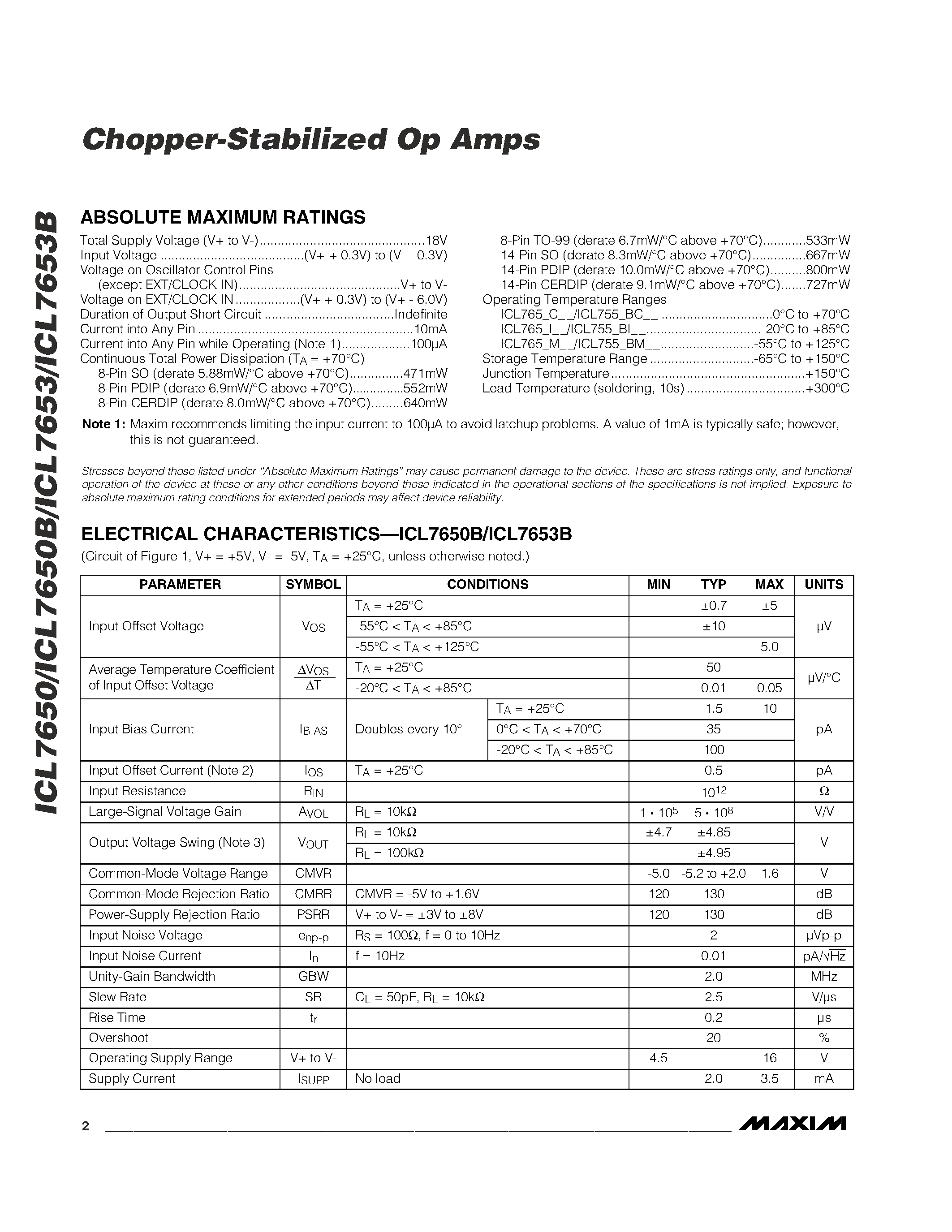 Datasheet ICL7650 - (ICL7650x / ICL7653x) Chopper-Stabilized Op Amps page 2