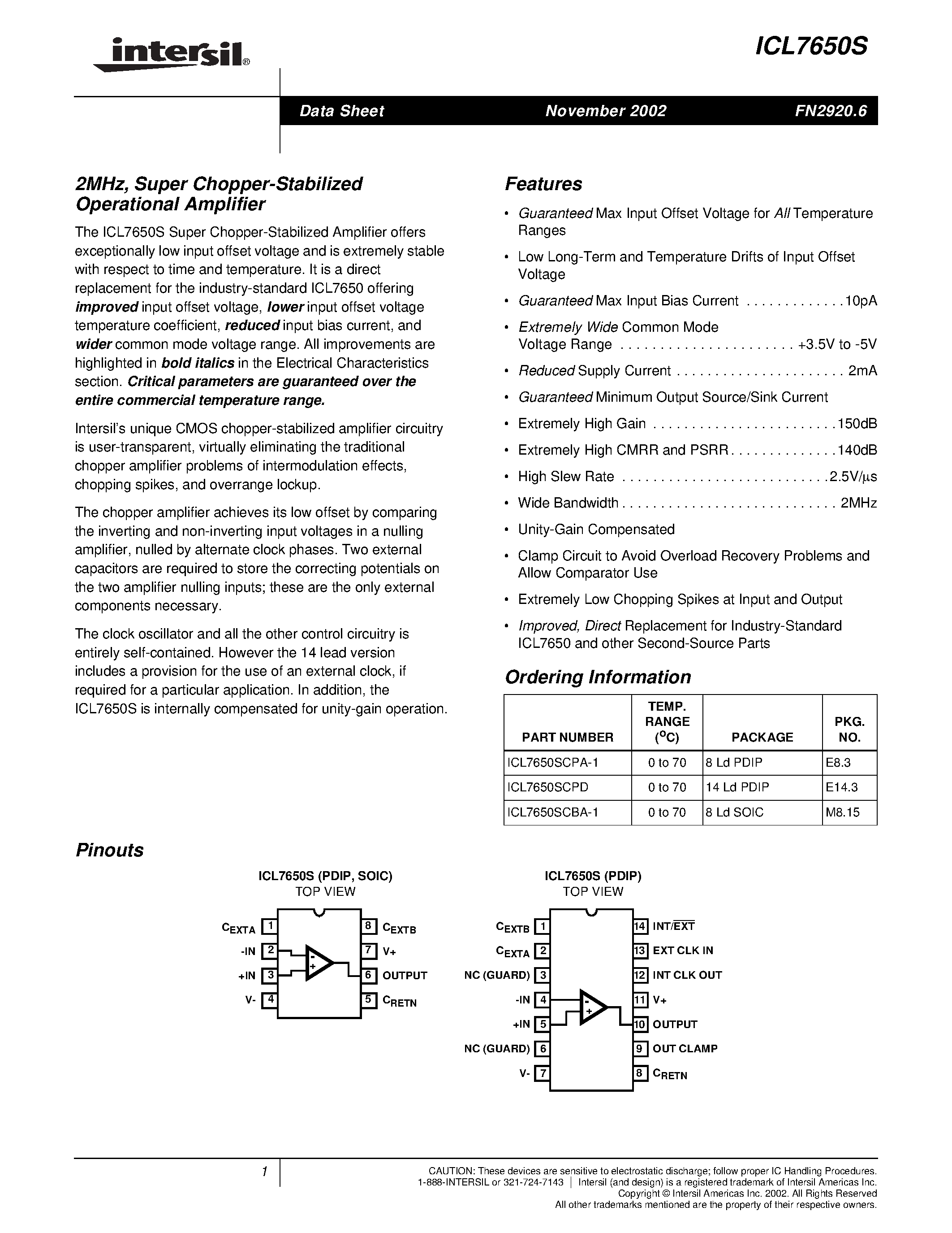 Datasheet ICL7650S - Super Chopper-Stabilized Operational Amplifier page 1