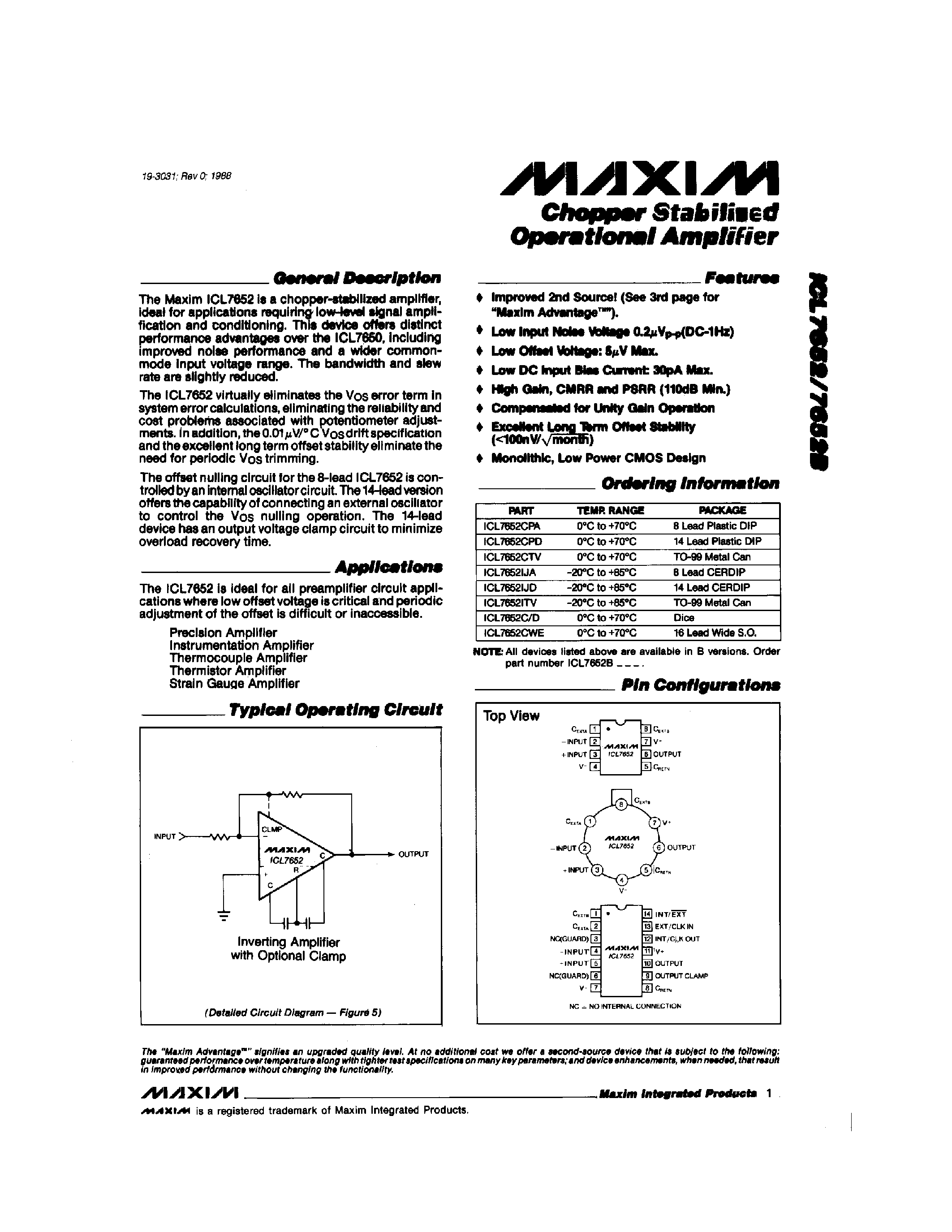Datasheet ICL7652 - Chopper Stabilized Operatlonal Amplifier page 1