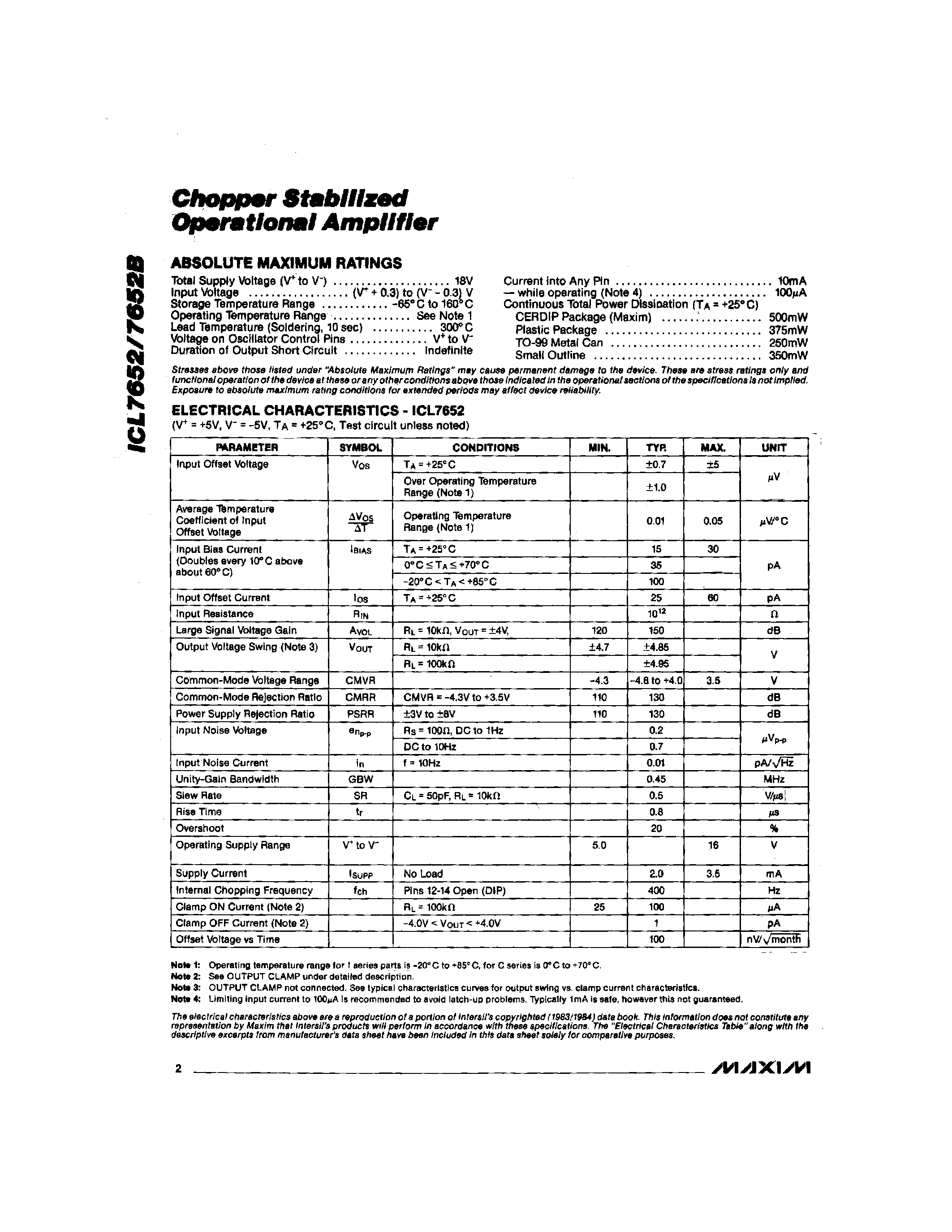 Datasheet ICL7652 - Chopper Stabilized Operatlonal Amplifier page 2