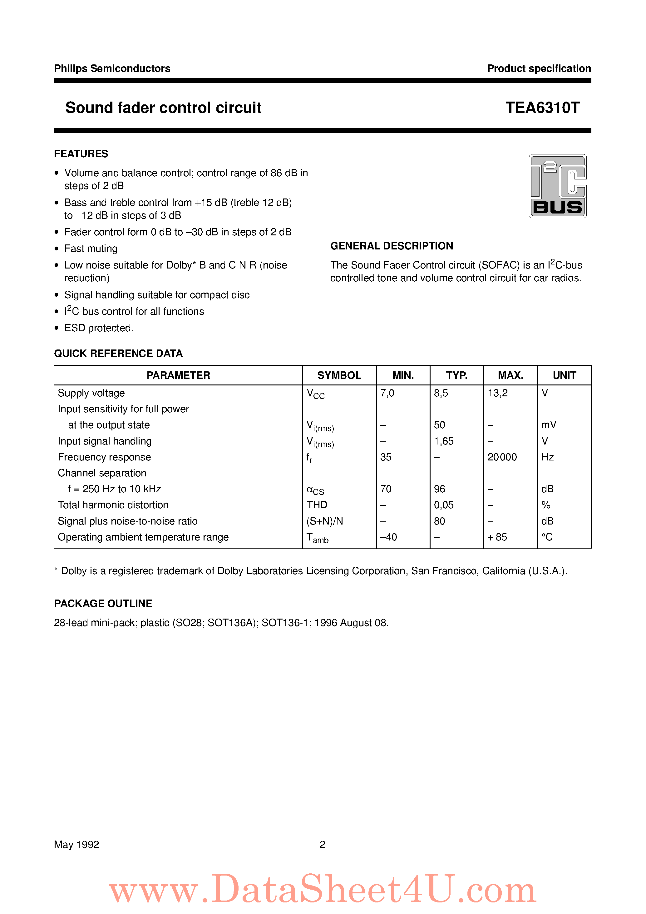 Даташит TEA6310T - Sound Fader Control Circuit страница 2