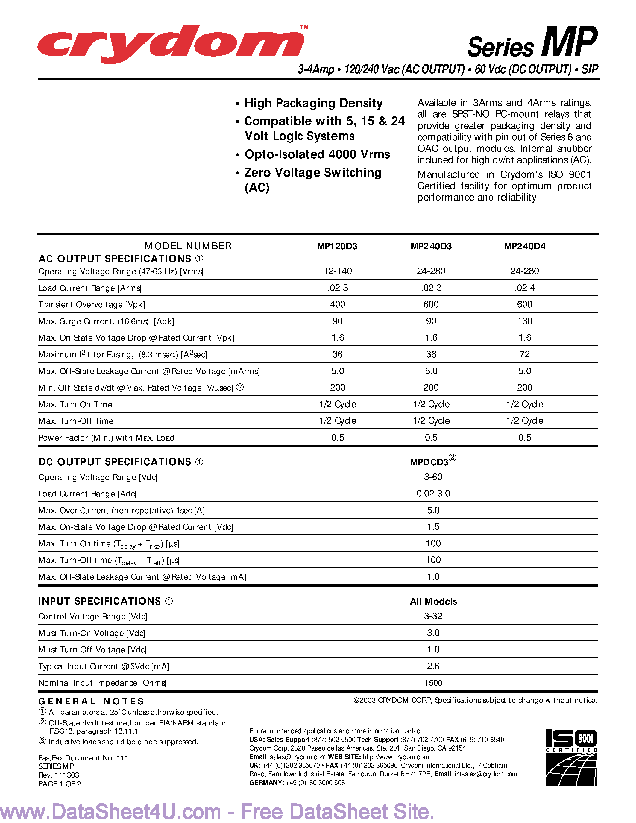 Даташит MP240D3 - (MP240D3 / MP240D4) NORMALLY-OPEN PC-MOUNT SOLID-STATE RELAY страница 1