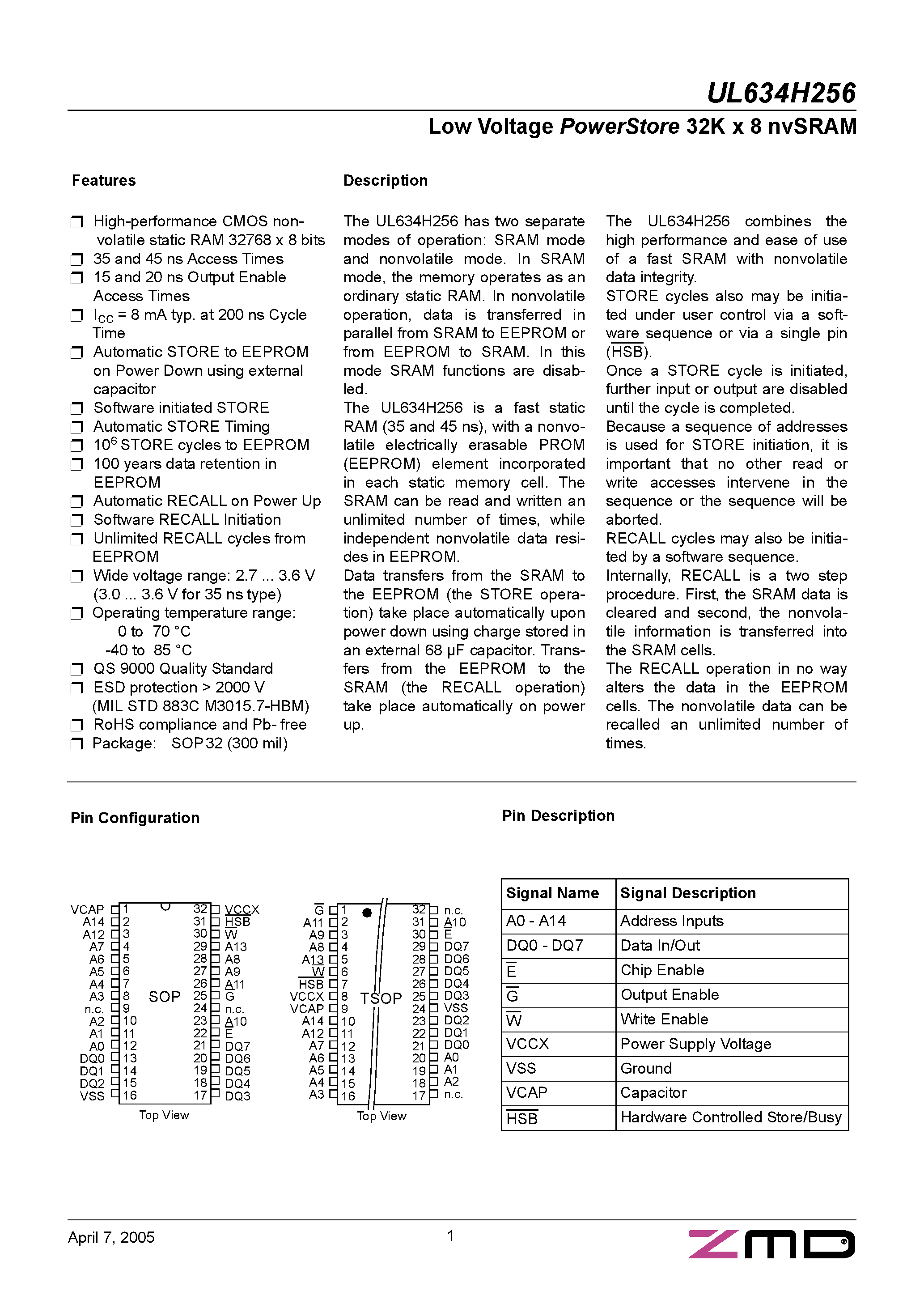 Даташит на микросхему UL634H256 страница 1 Даташит UL634H256 - LOW VOLTAGE POWERSTORE 32K X 8 NVSRAM страница 1