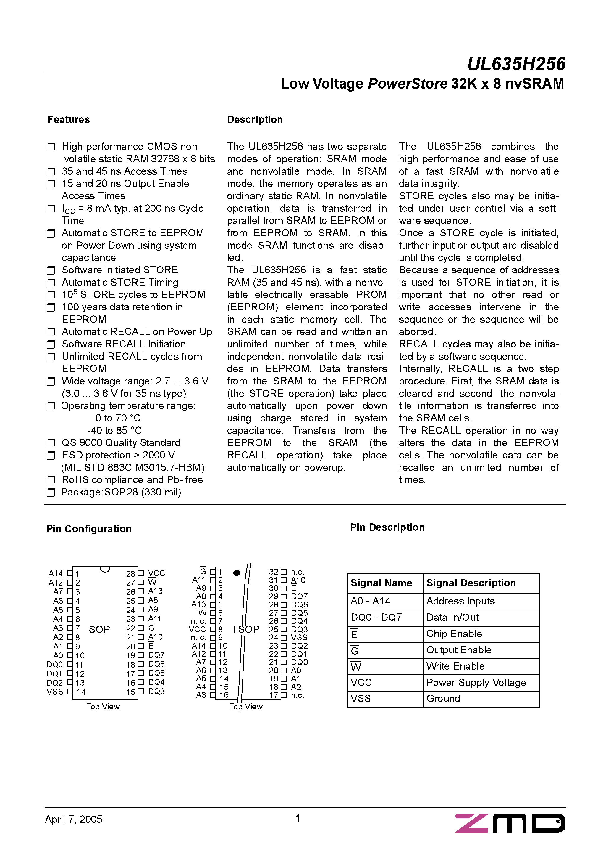 Даташит UL635H256 - LOW VOLTAGE POWERSTORE 32K X 8 NVSRAM страница 1