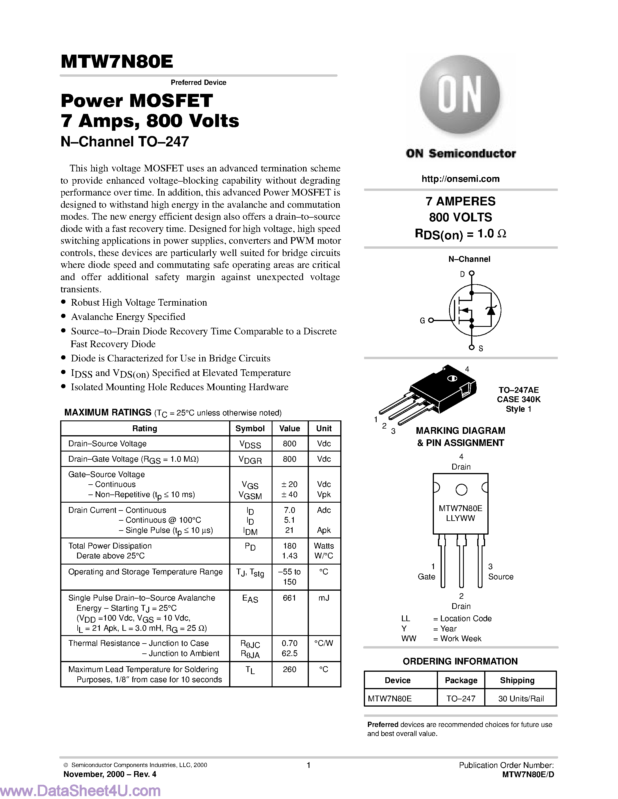 Даташит MTW7N80E - Power MOSFET 7 Amp страница 1