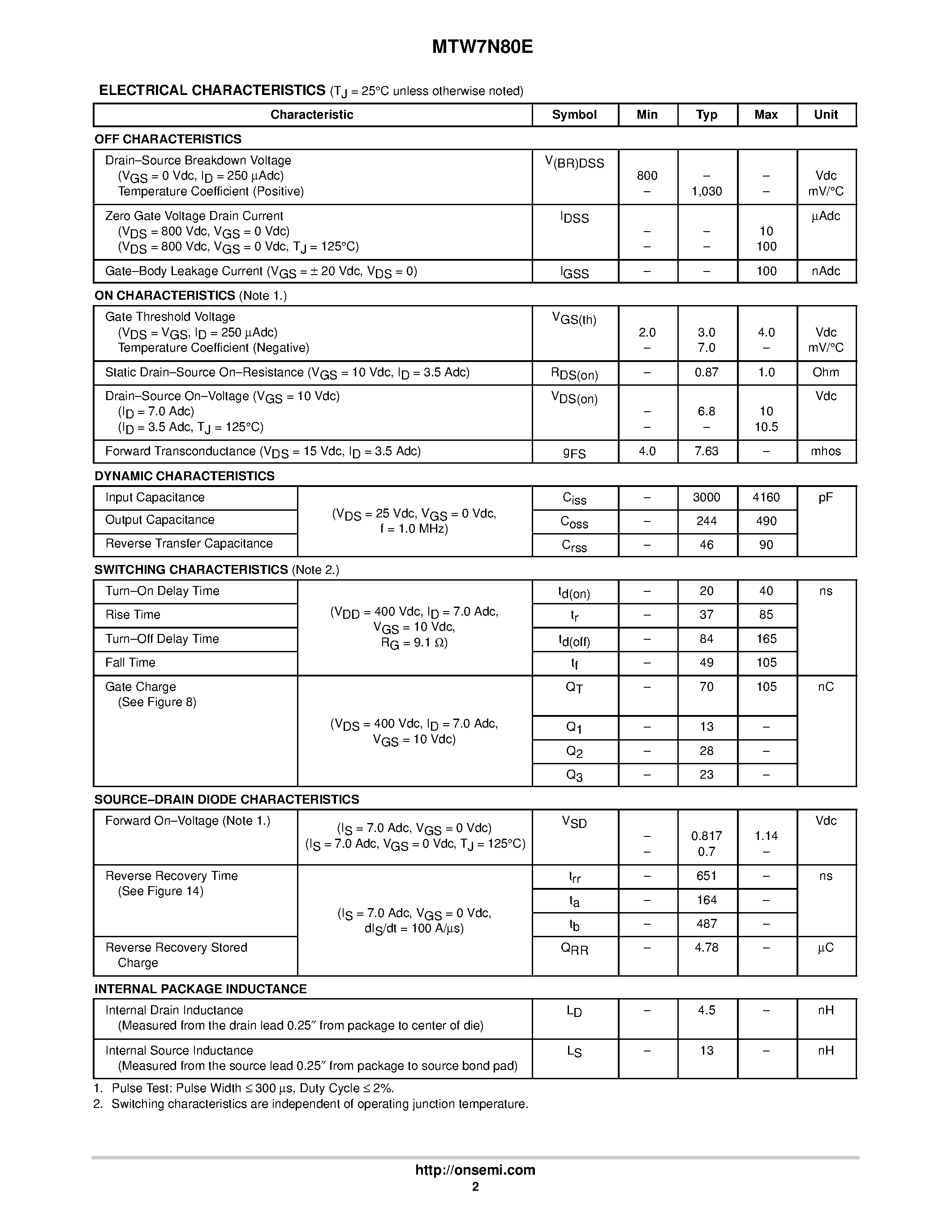Даташит MTW7N80E - Power MOSFET 7 Amp страница 2