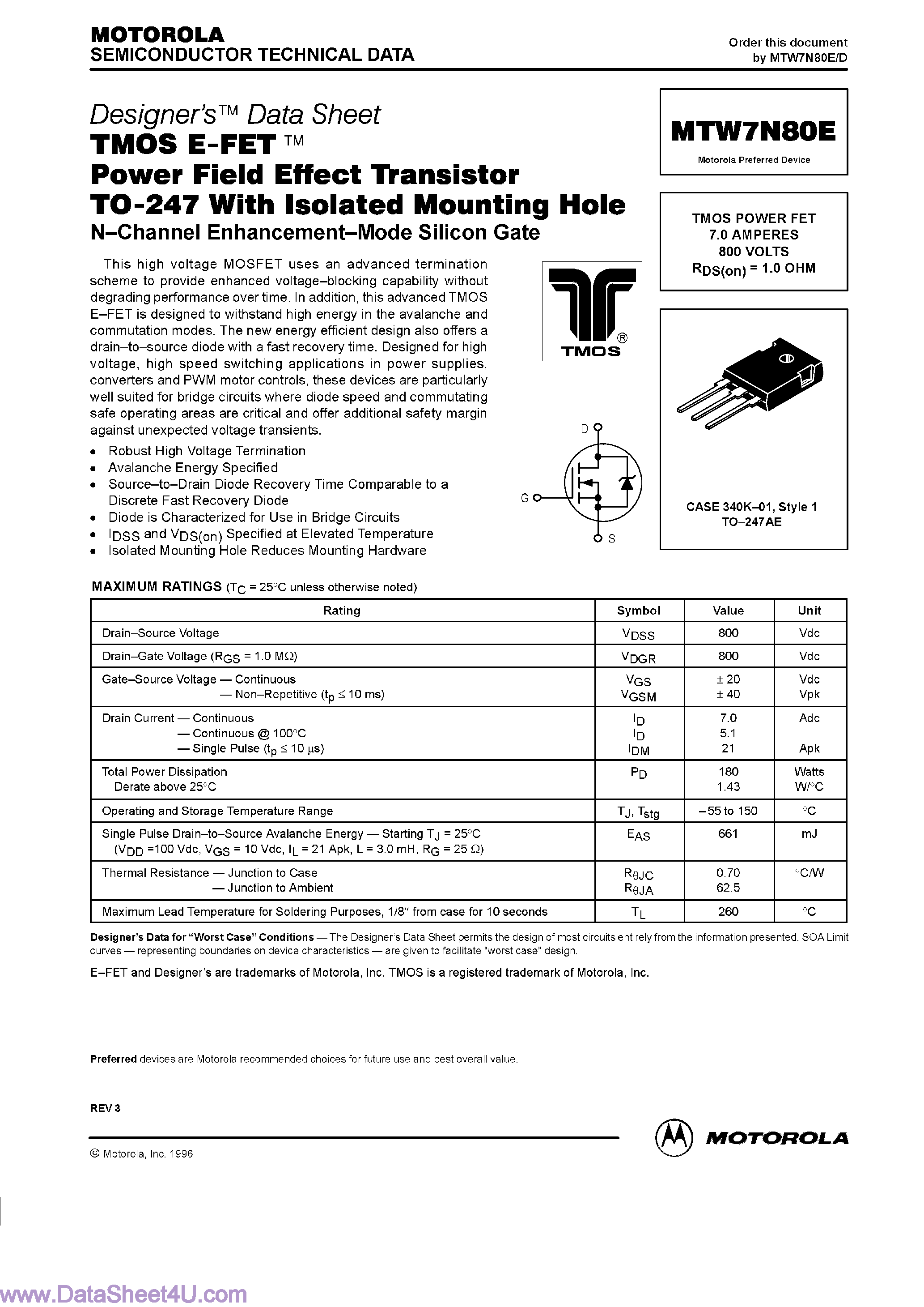Даташит MTW7N80E - TMOS POWER FET 7.0 AMPERES страница 1