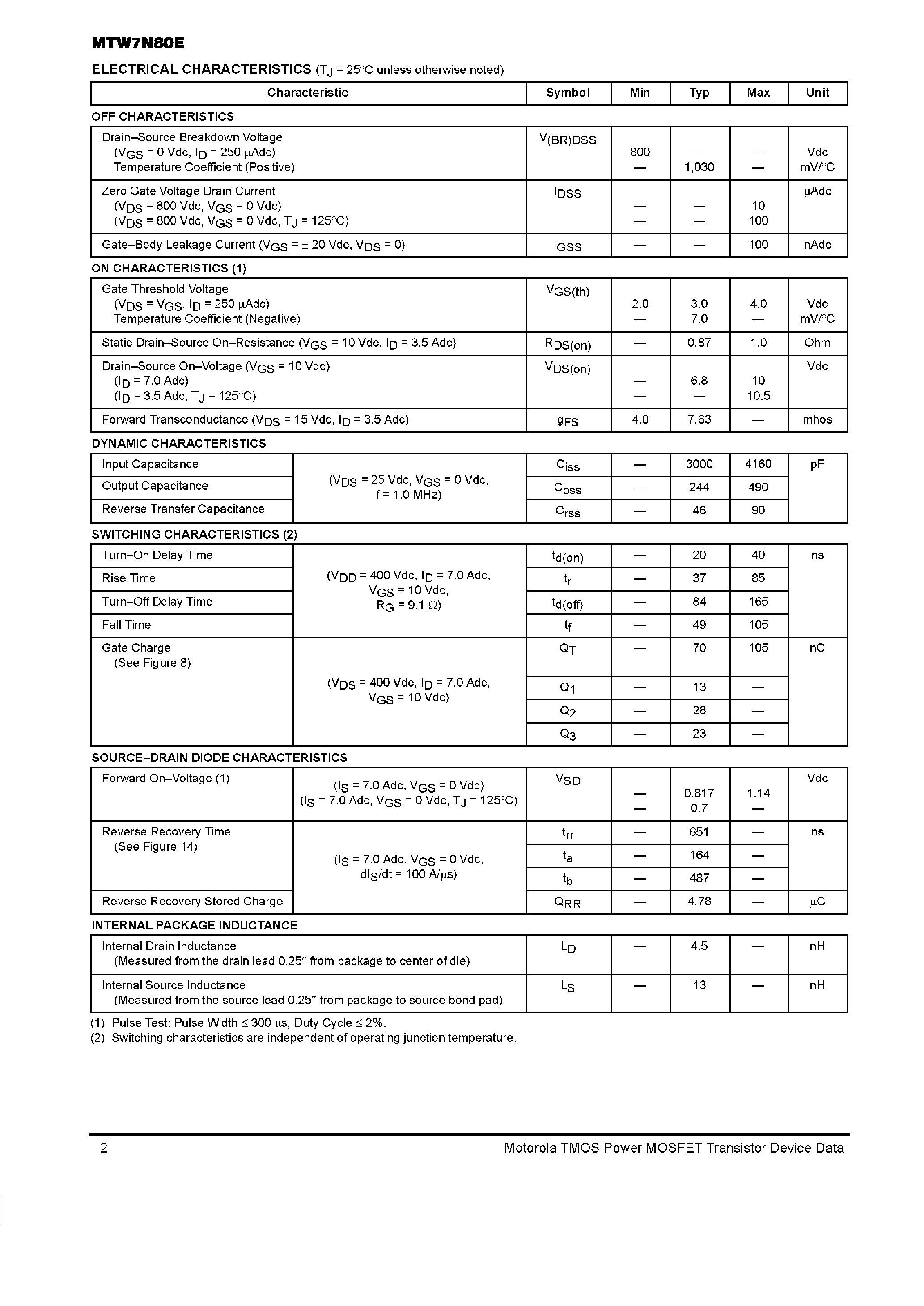Даташит MTW7N80E - TMOS POWER FET 7.0 AMPERES страница 2