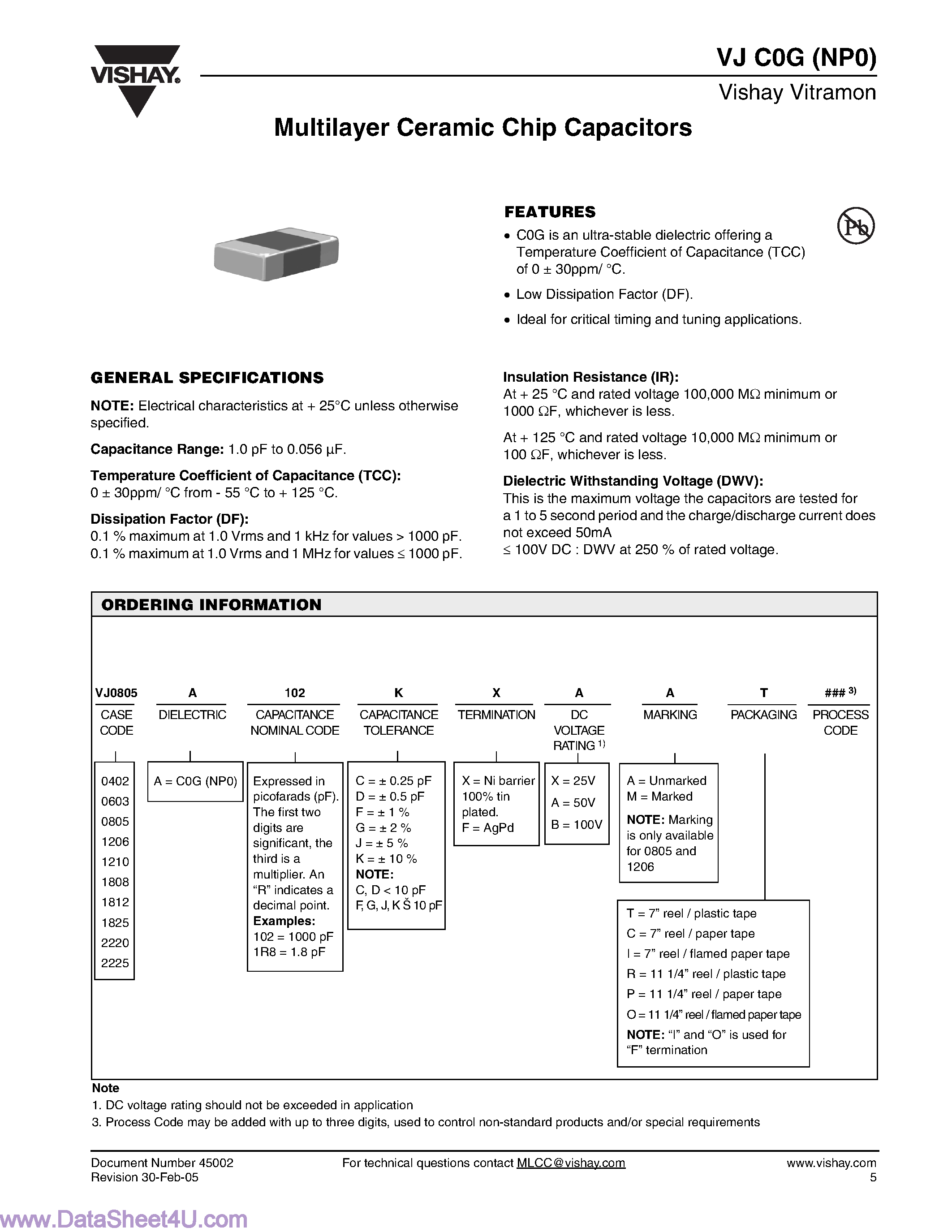 Datasheet VJ0402xxxx - (VJ C0G Series) Multilayer Ceramic Chip Capacitors page 1