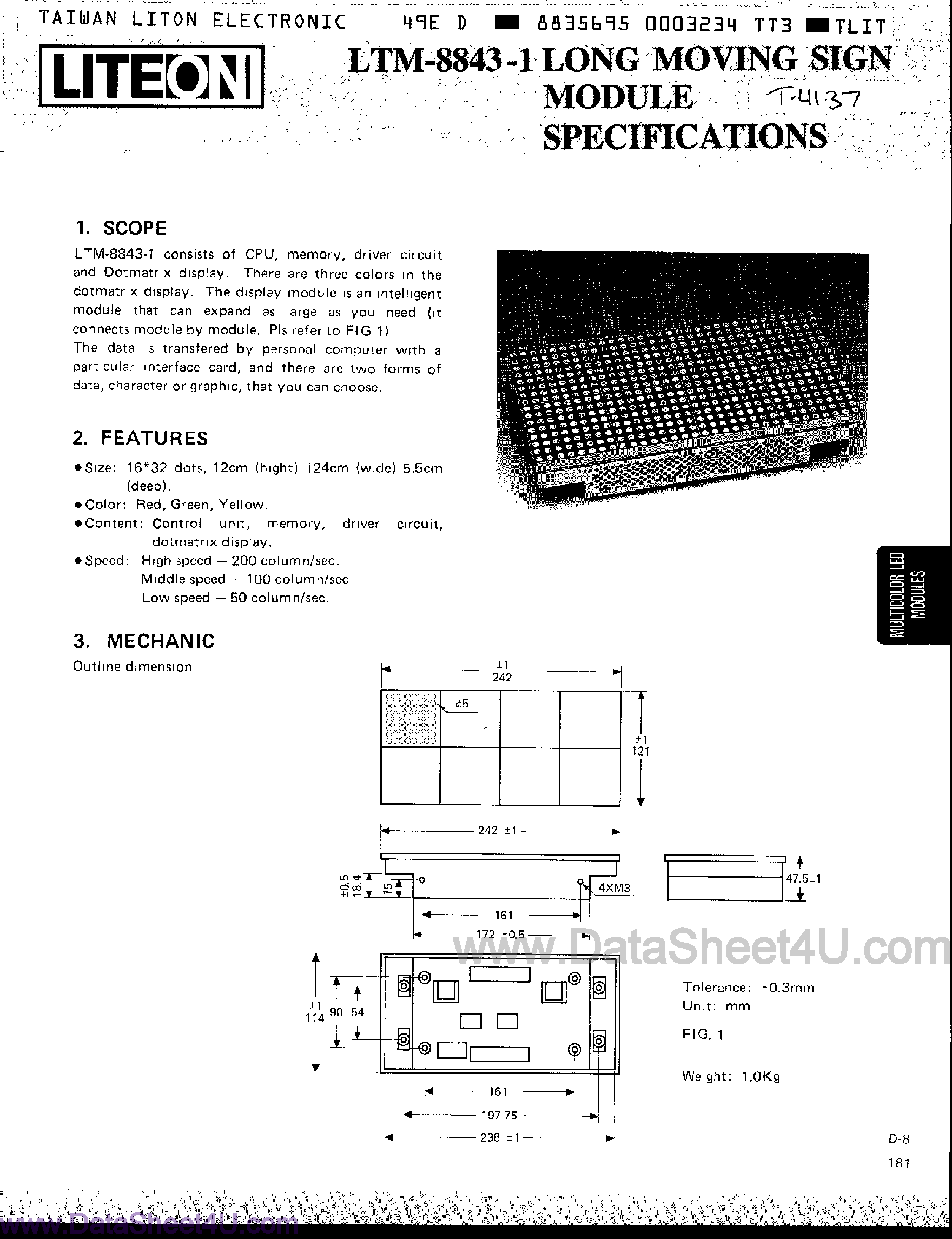 Datasheet LTM-8843-1 page 1 Datasheet LTM-8843-1 - LED DOT MATRIX CHARACTER MODULE page 1