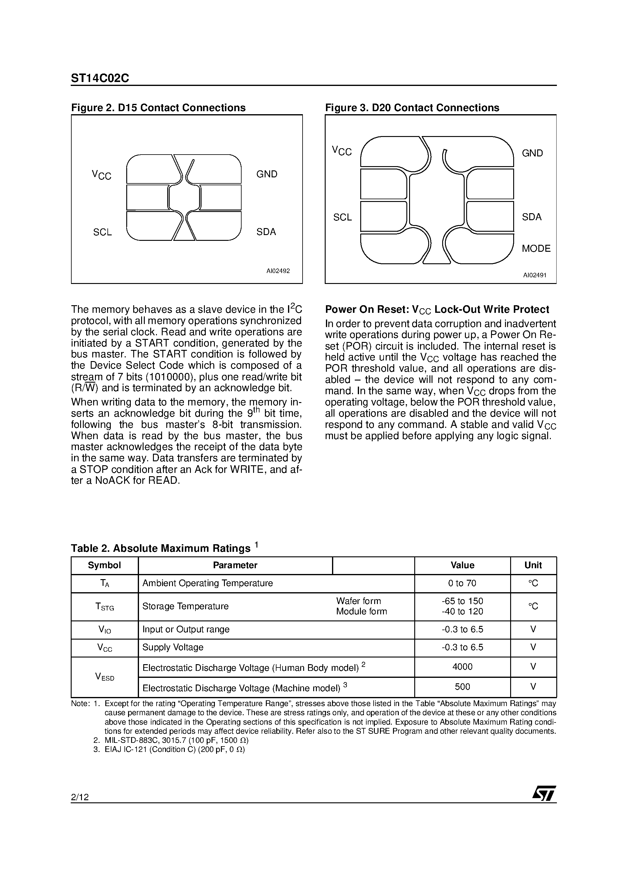 Datasheet ST14C02C page 2 Datasheet ST14C02C - Memory Card IC 2 Kbit 256 x 8 Serial I2C Bus EEPROM page 2