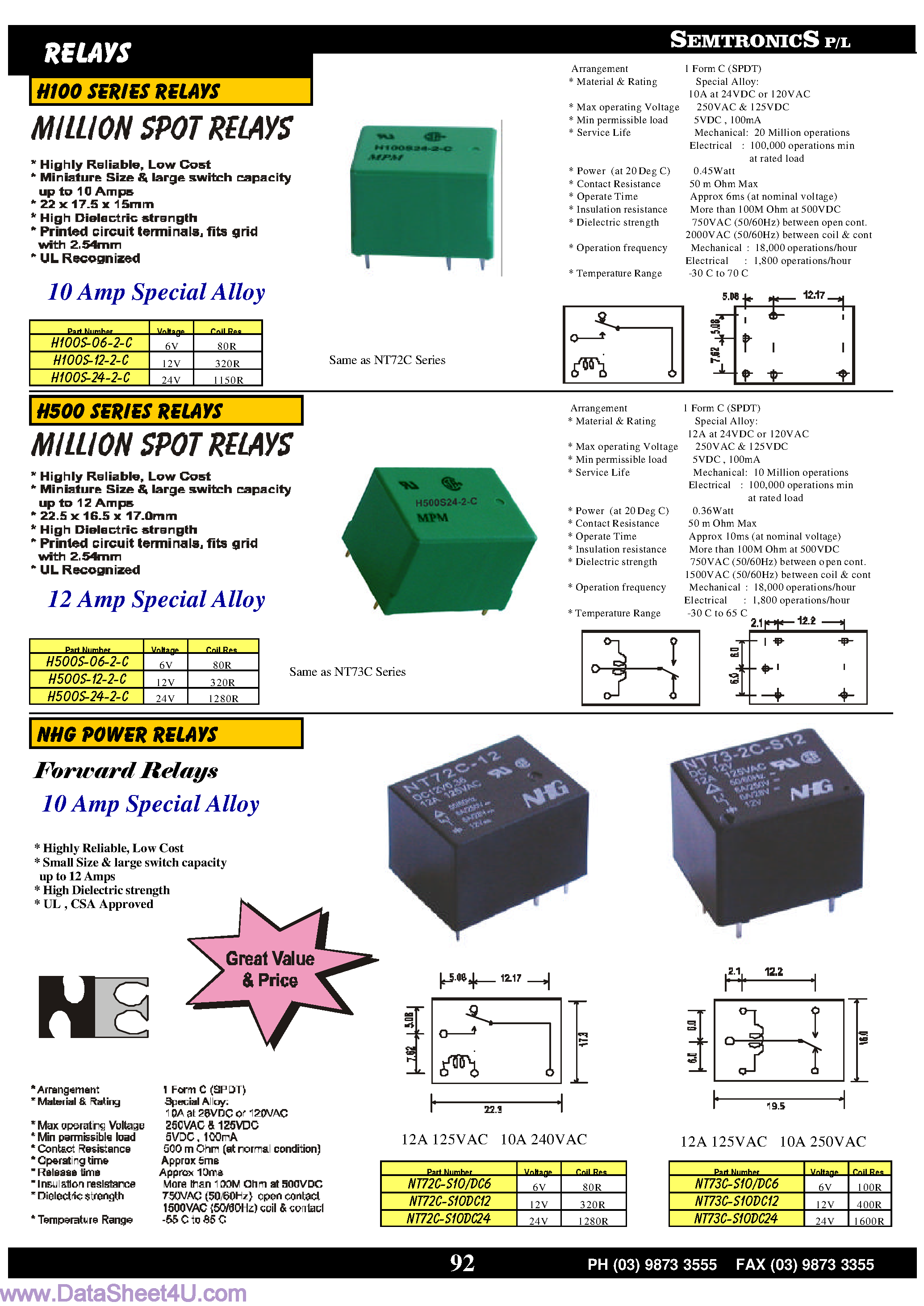 Даташит на микросхему NT72C-S10DC12 страница 1 Даташит NT72C-S10DC12 - (NT72C/73C-xxxx) NHG Power Relays страница 1