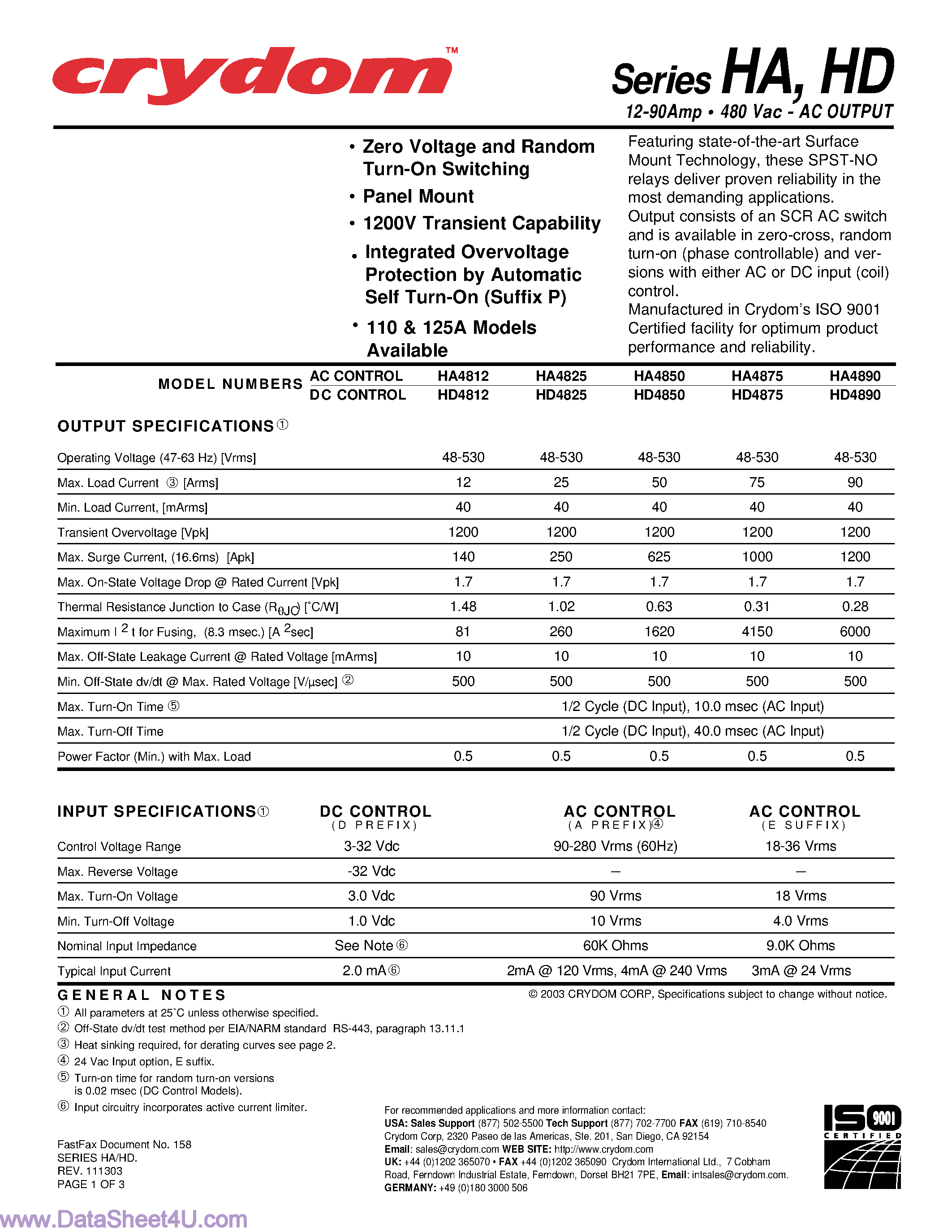 Даташит HD4812 - (HD Series) Solid-State Relay страница 1