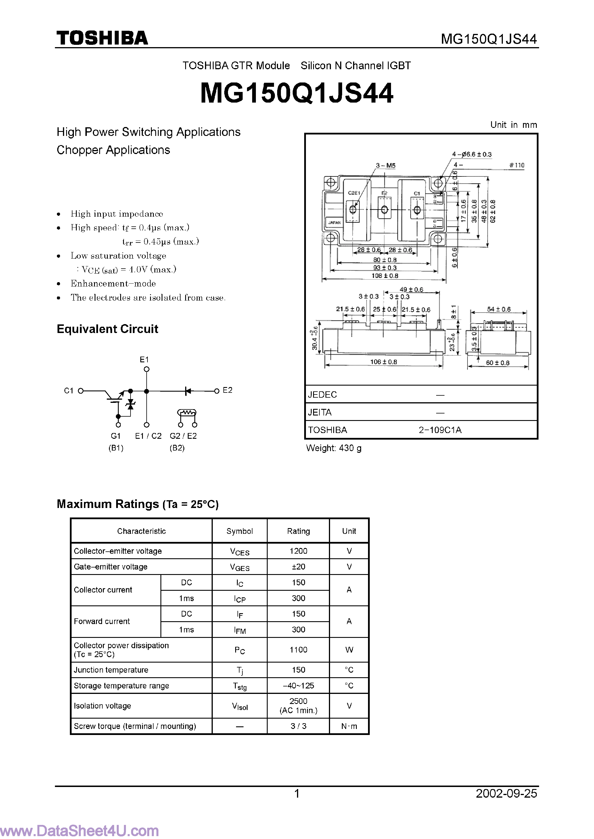 Datasheet MG150Q1JS44 page 1 Datasheet MG150Q1JS44 - High Power Switching Applications Chopper Applications page 1
