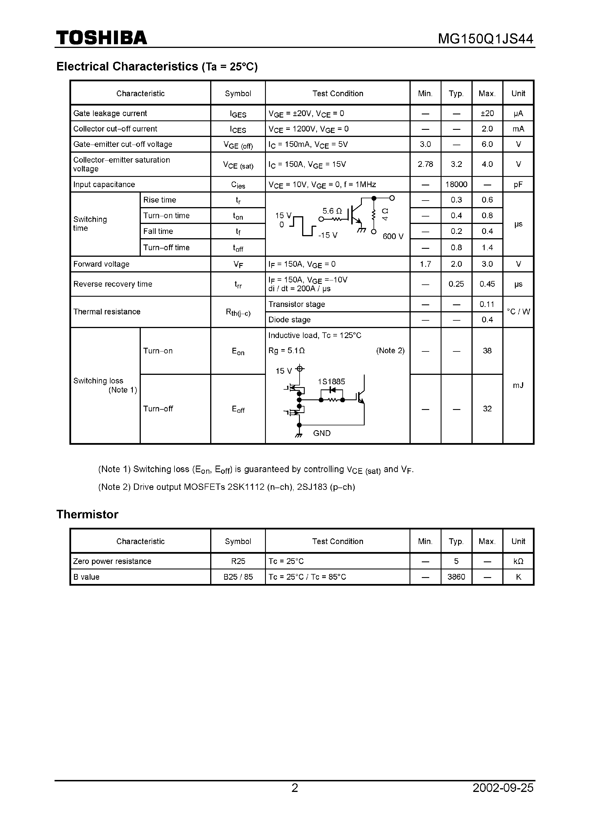 Datasheet MG150Q1JS44 page 2 Datasheet MG150Q1JS44 - High Power Switching Applications Chopper Applications page 2