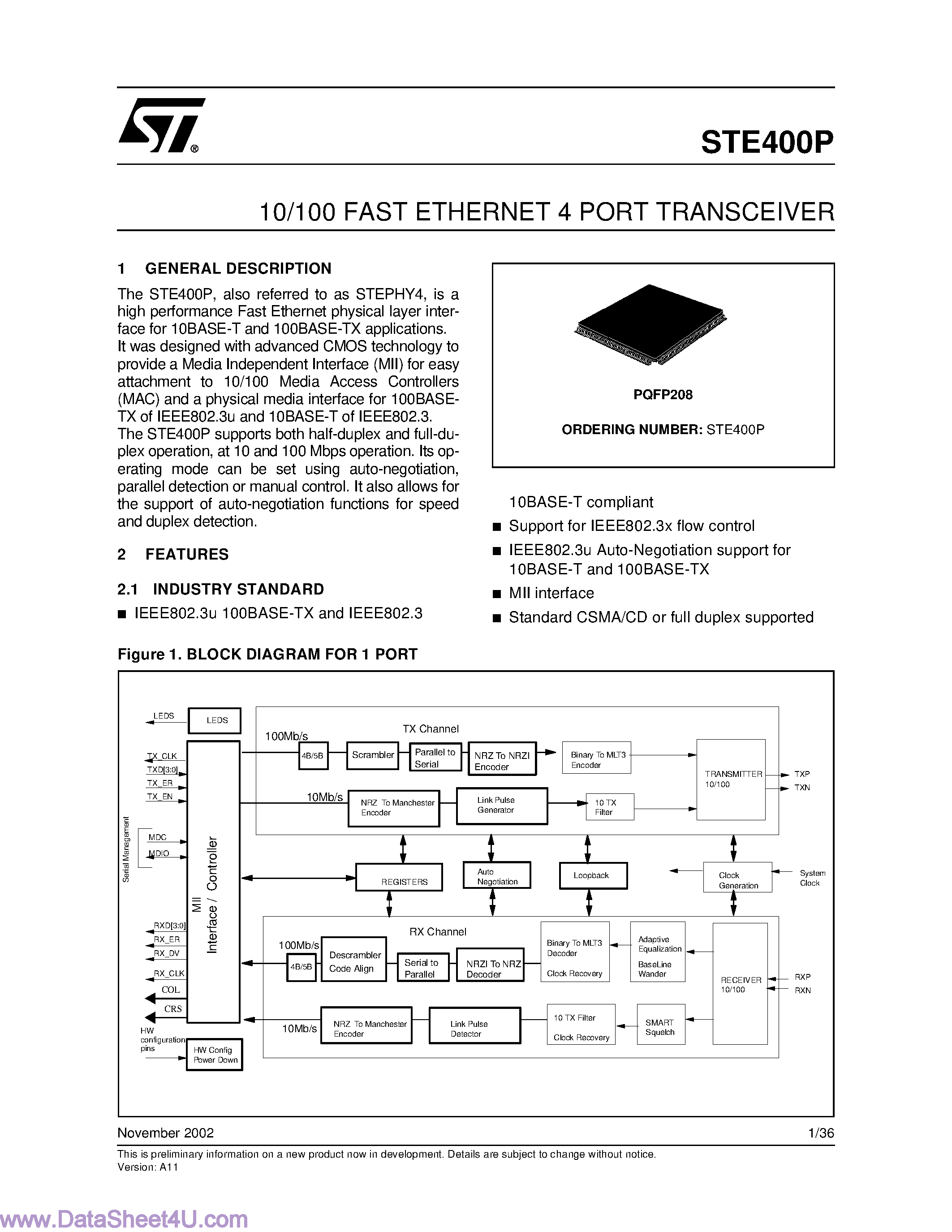Даташит STE400P - 10/100 Fast Ethernet 4 Port Transceiver страница 1