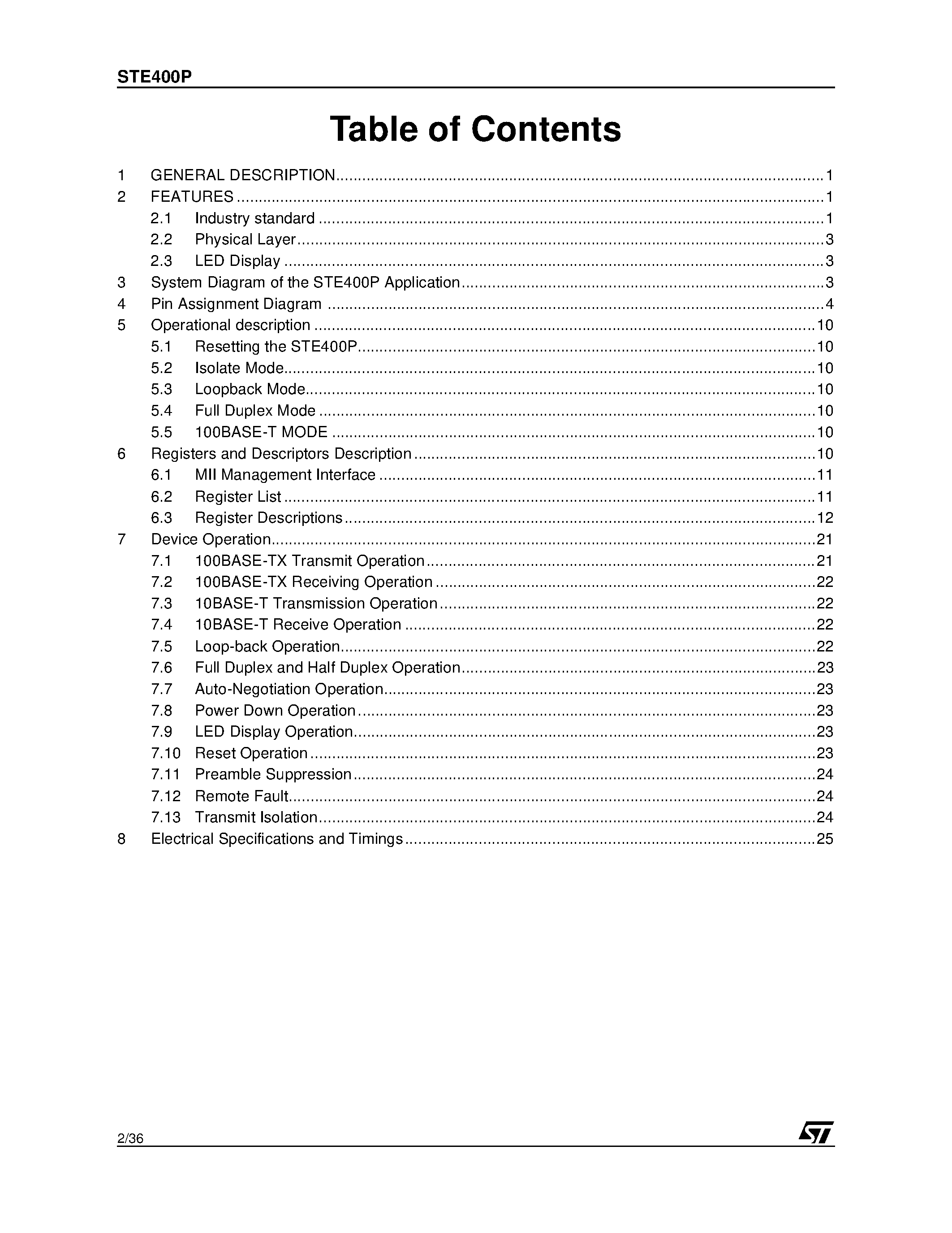 Datasheet STE400P page 2 Datasheet STE400P - 10/100 Fast Ethernet 4 Port Transceiver page 2