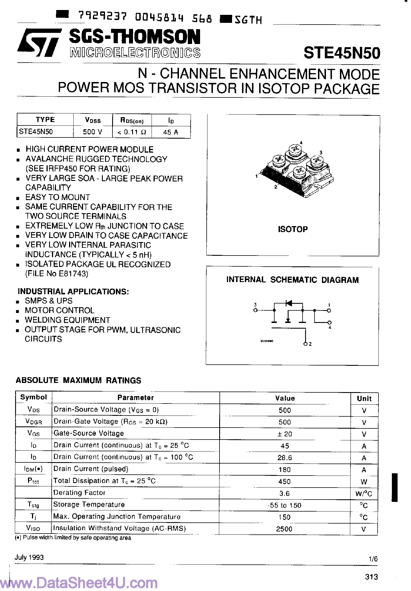 Datasheet STE45N50 page 1 Datasheet STE45N50 - N-Channel Enhancement Mode Power MOS Transistor page 1