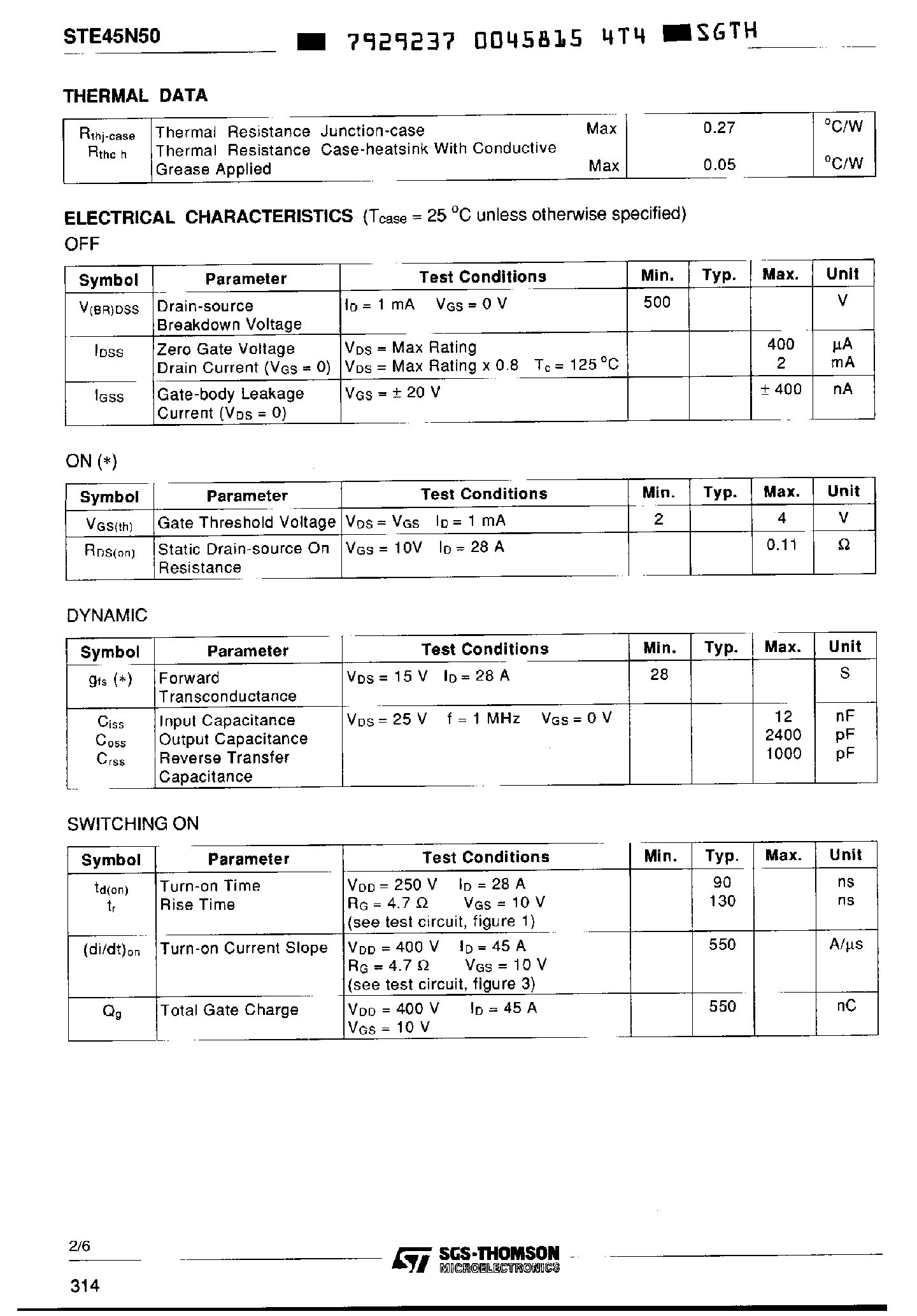 Datasheet STE45N50 page 2 Datasheet STE45N50 - N-Channel Enhancement Mode Power MOS Transistor page 2