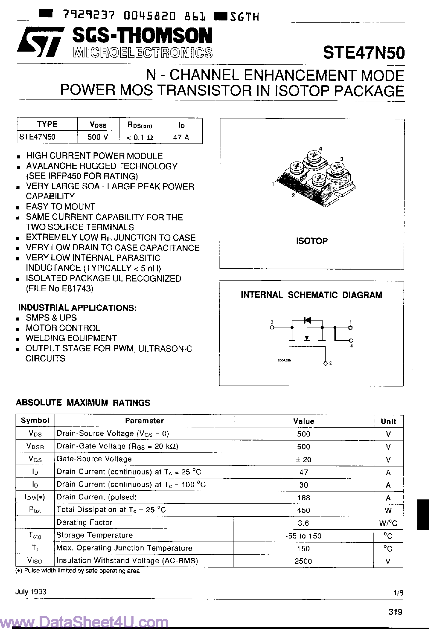 Datasheet STE47N50 page 1 Datasheet STE47N50 - N-Channel Enhancement Mode Power MOS Transistor page 1