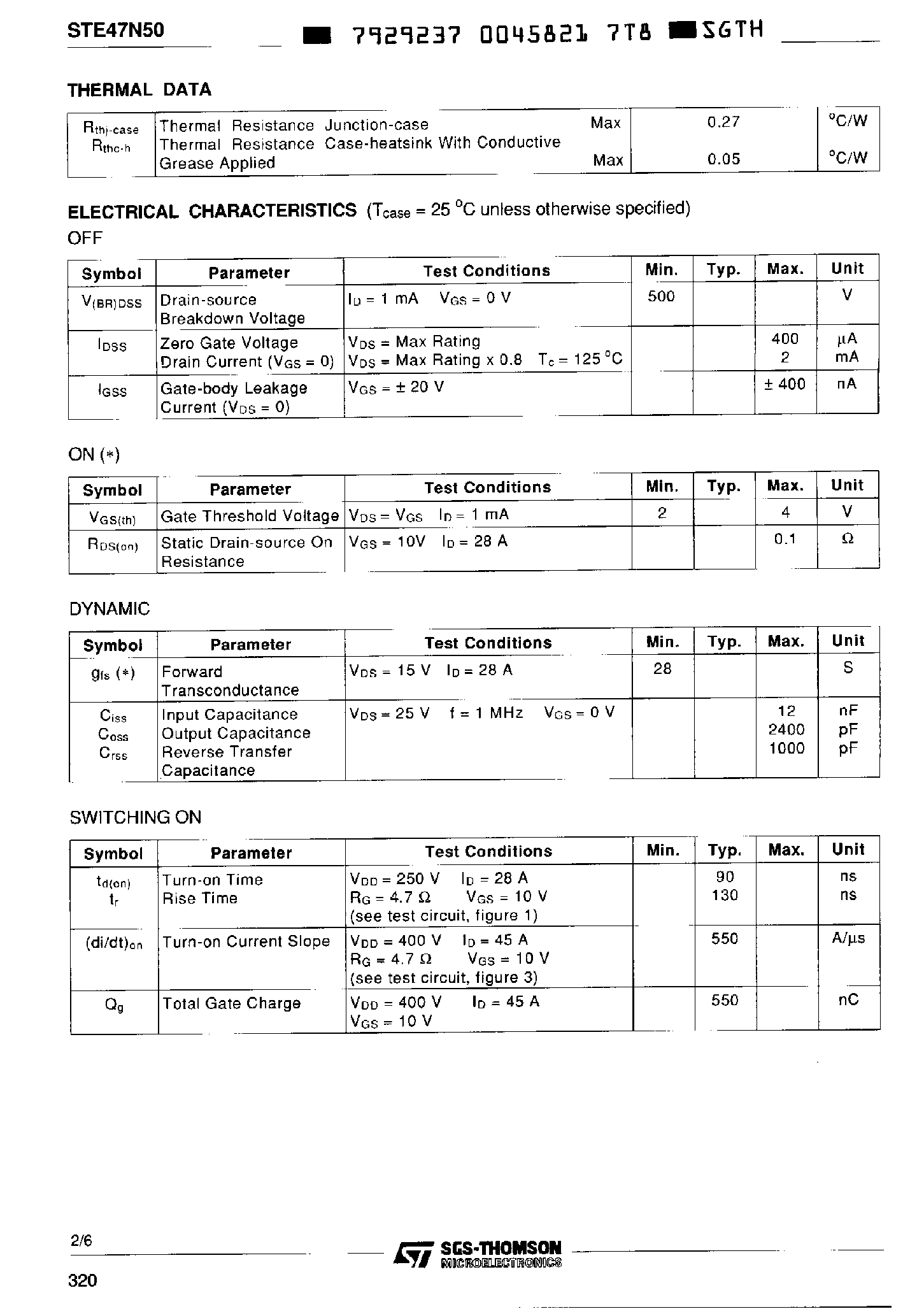 Datasheet STE47N50 page 2 Datasheet STE47N50 - N-Channel Enhancement Mode Power MOS Transistor page 2