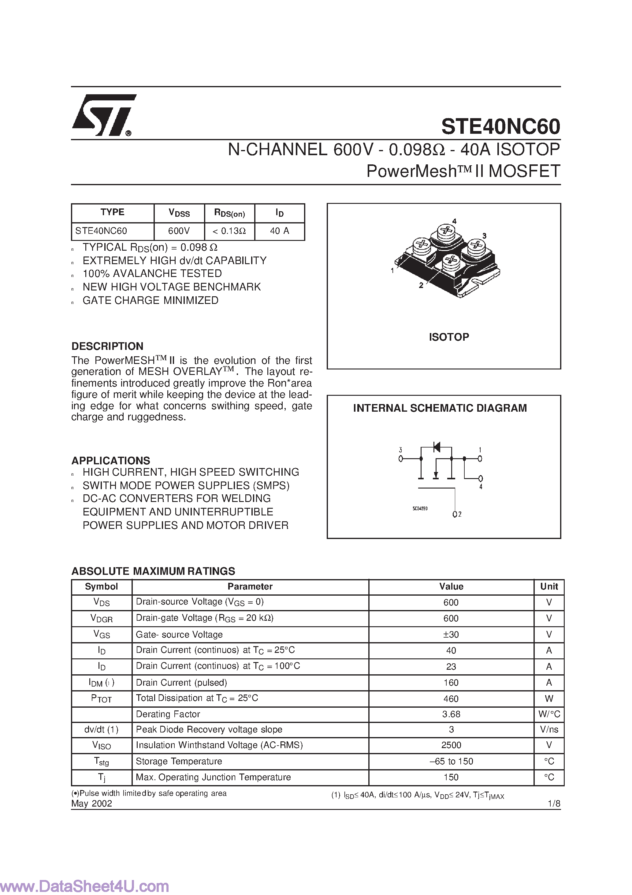 Даташит STE40NC60 - N-CHANNEL Power MOSFET страница 1
