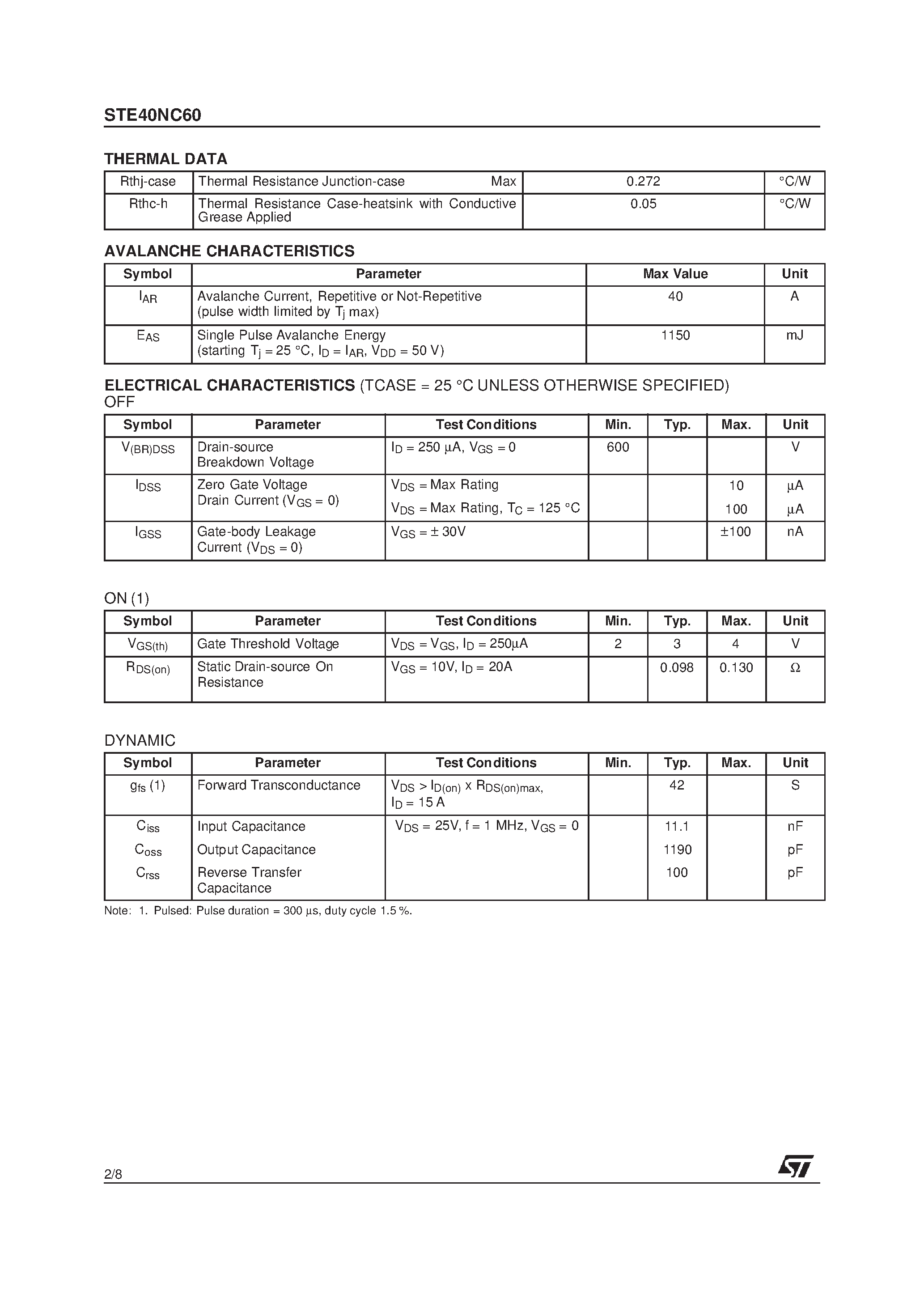 Datasheet STE40NC60 page 2 Datasheet STE40NC60 - N-CHANNEL Power MOSFET page 2