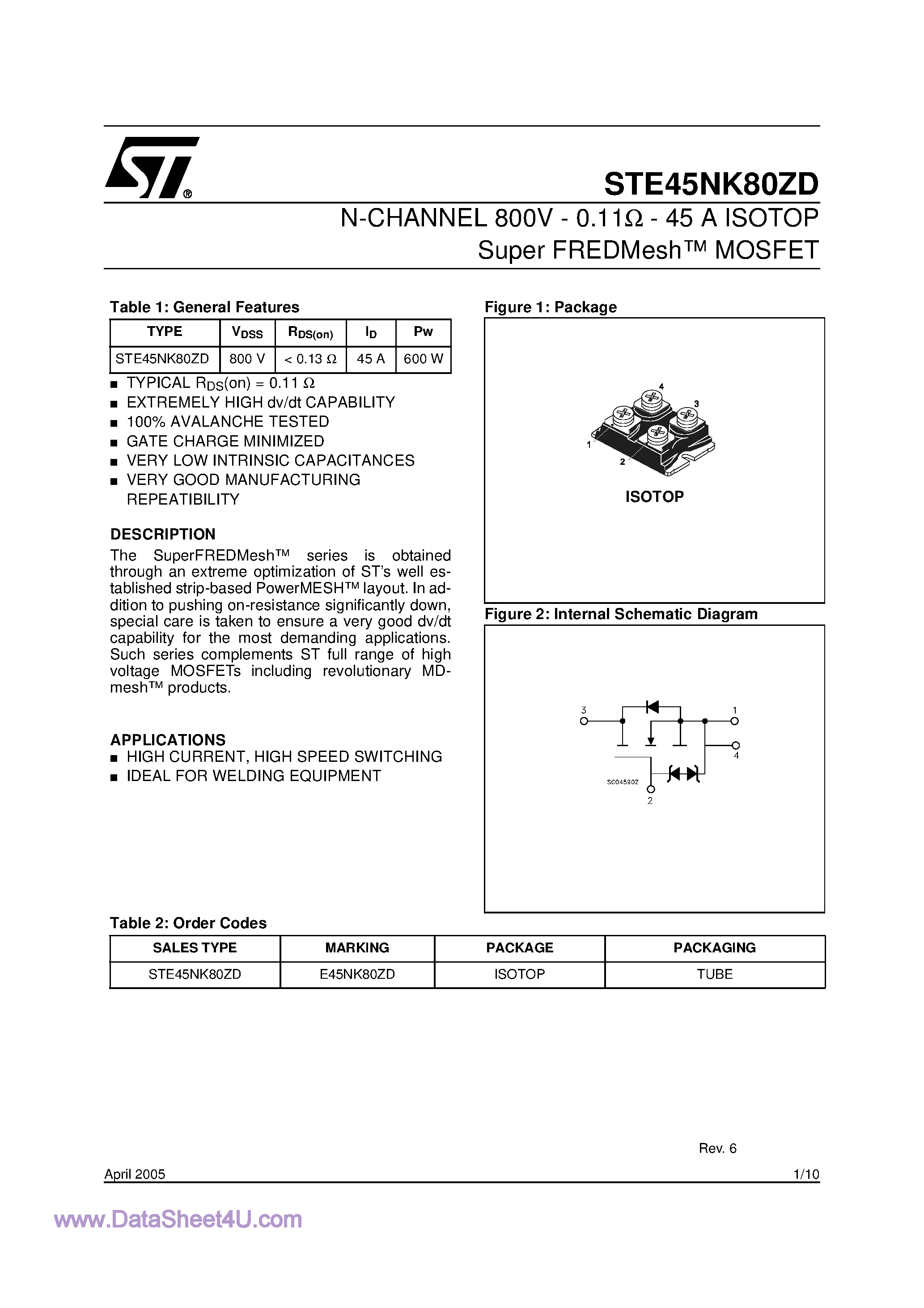 Datasheet STE45NK80ZD page 1 Datasheet STE45NK80ZD - N-CHANNEL Power MOSFET page 1