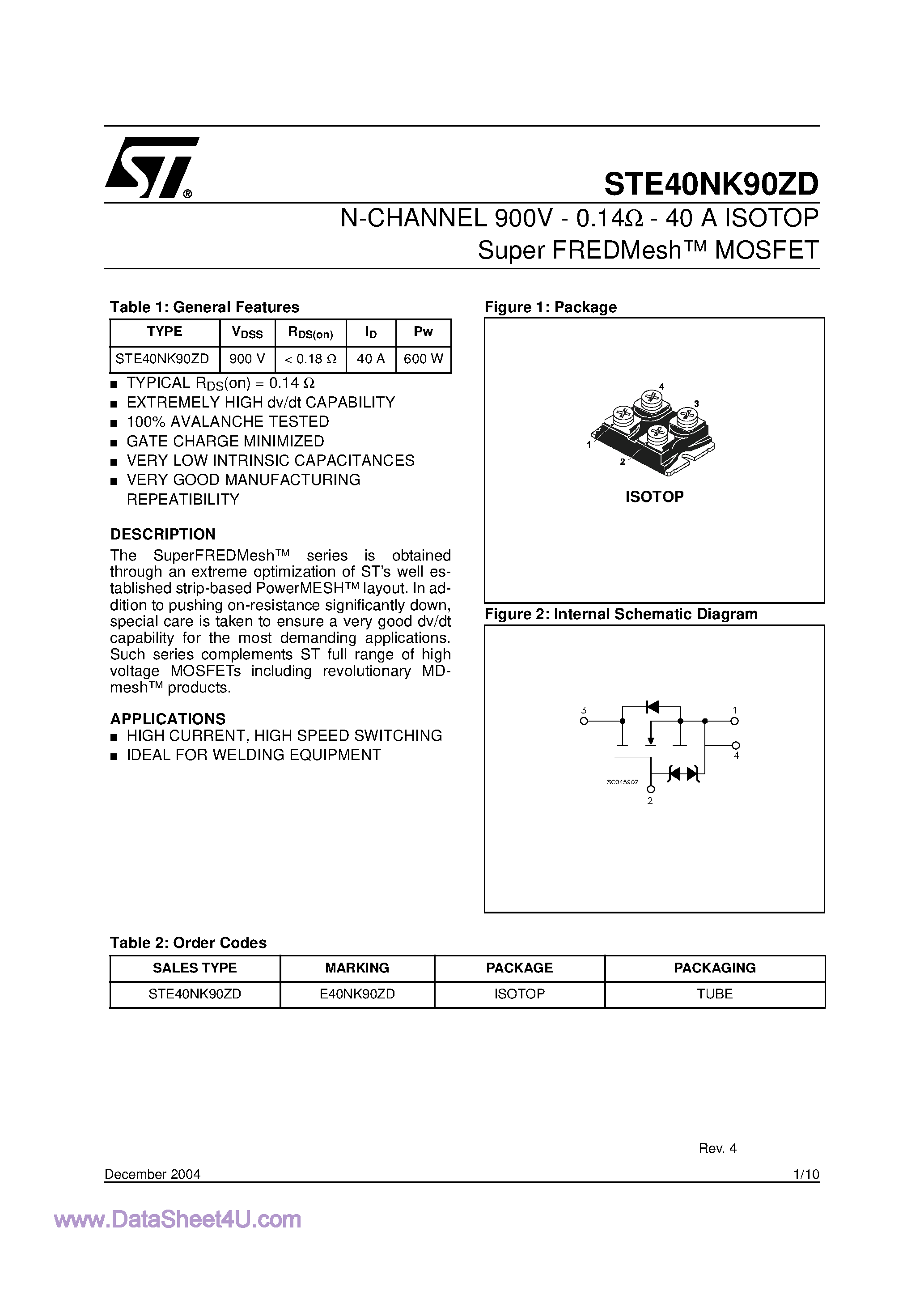Datasheet STE40NK90ZD page 1 Datasheet STE40NK90ZD - N-CHANNEL Power MOSFET page 1