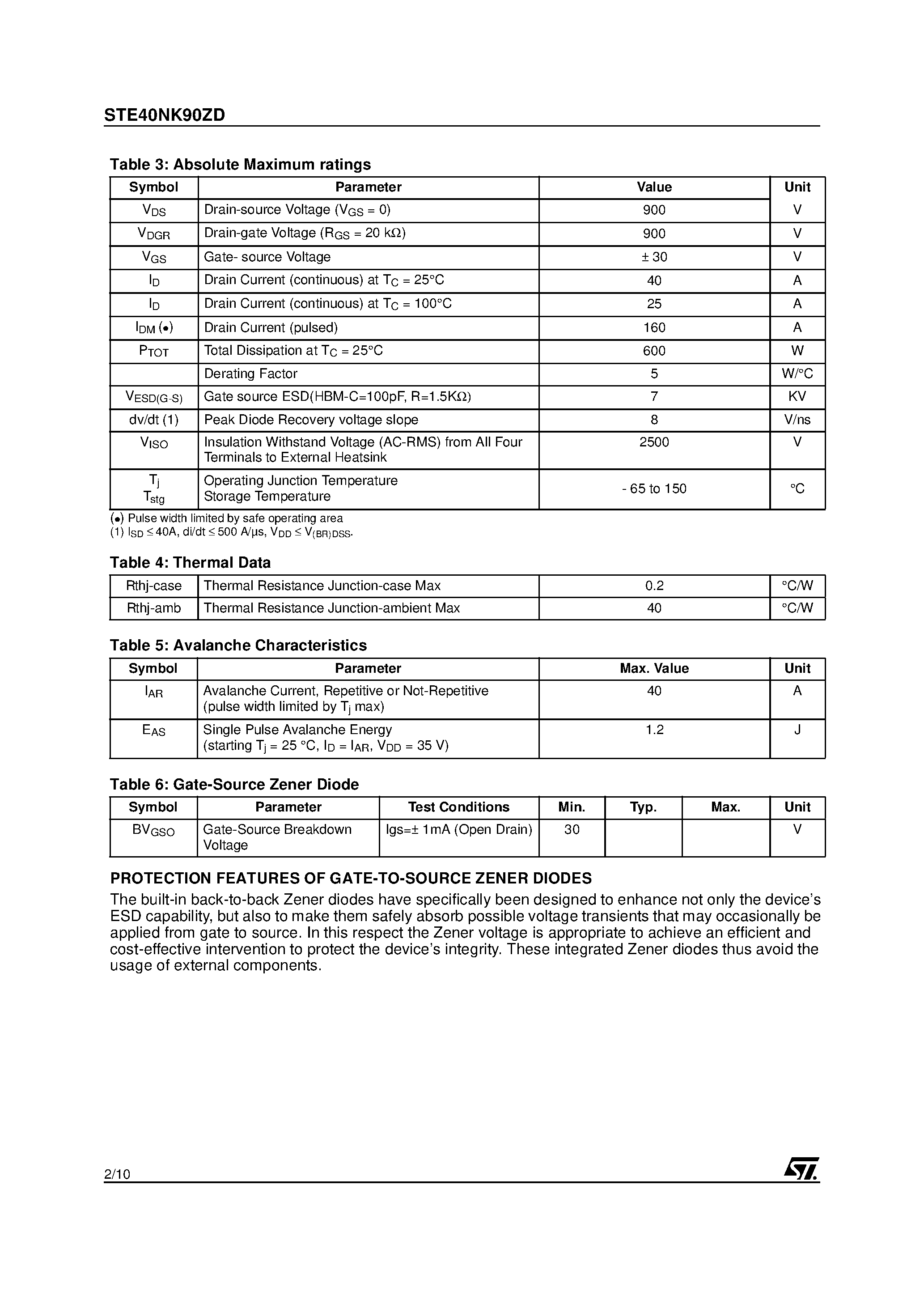 Datasheet STE40NK90ZD page 2 Datasheet STE40NK90ZD - N-CHANNEL Power MOSFET page 2
