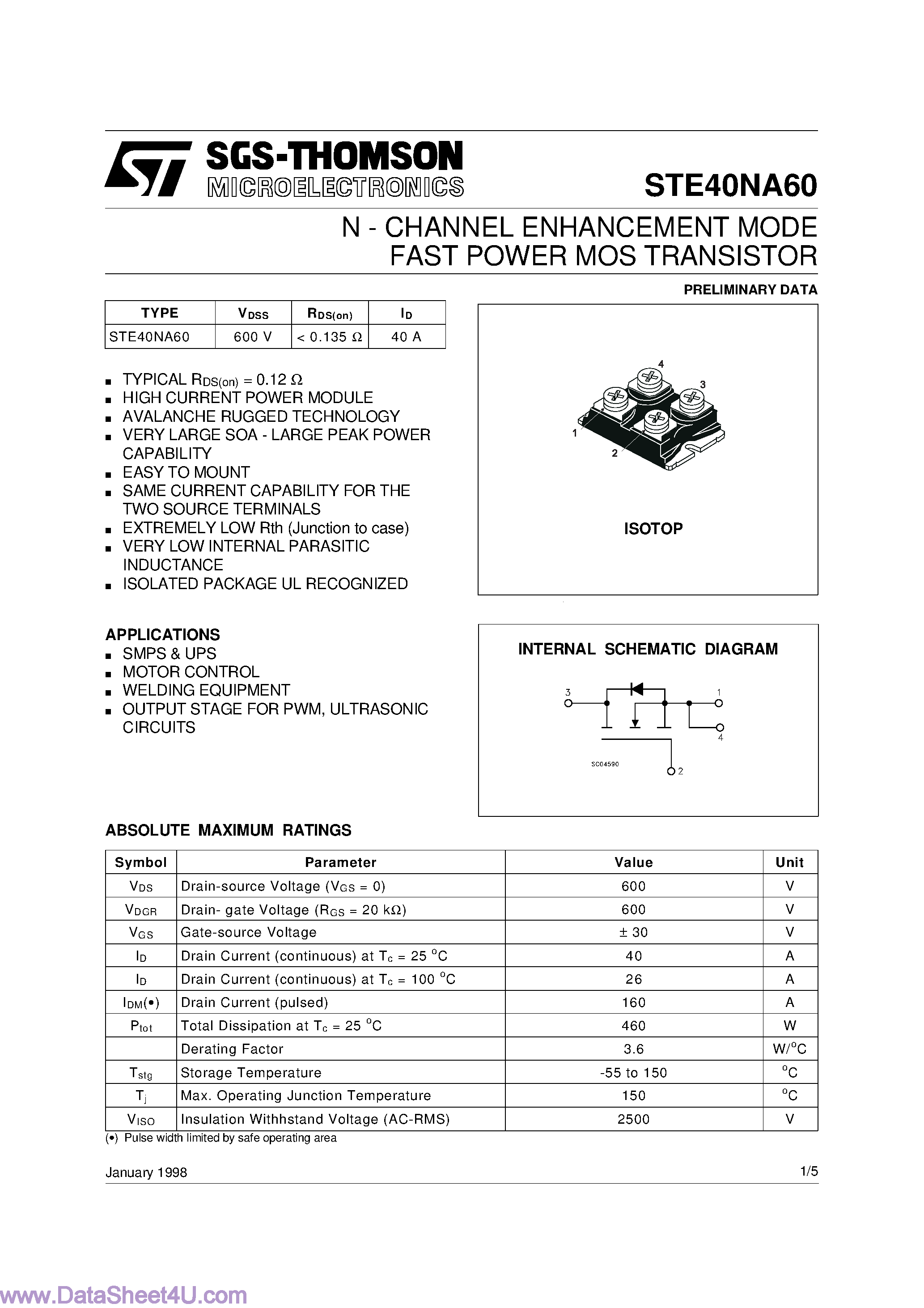 Datasheet STE40NA60 page 1 Datasheet STE40NA60 - N - CHANNEL ENHANCEMENT MODE FAST POWER MOS TRANSISTOR page 1