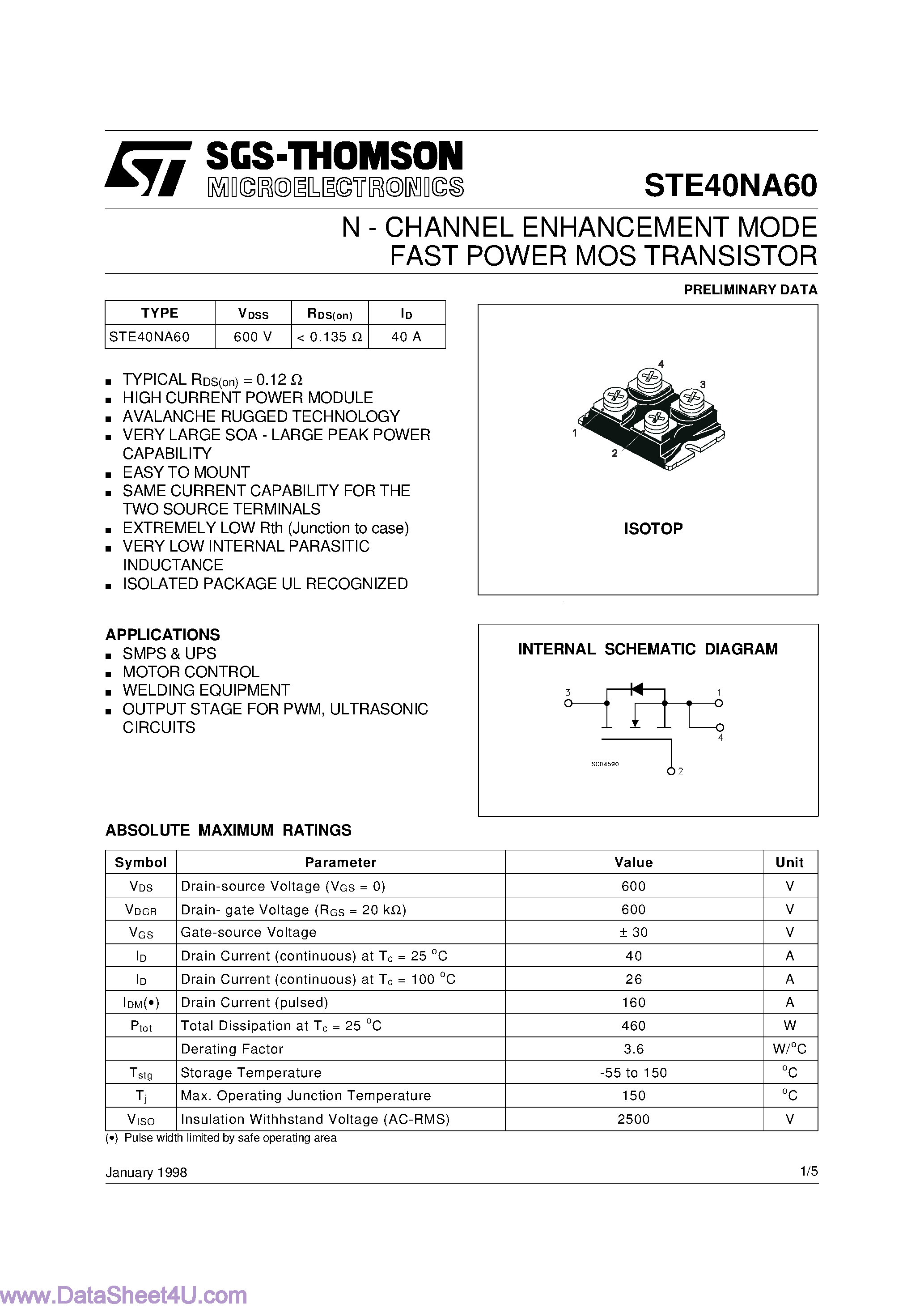 Даташит STE40NA60 - N - CHANNEL ENHANCEMENT MODE FAST POWER MOS TRANSISTOR страница 1