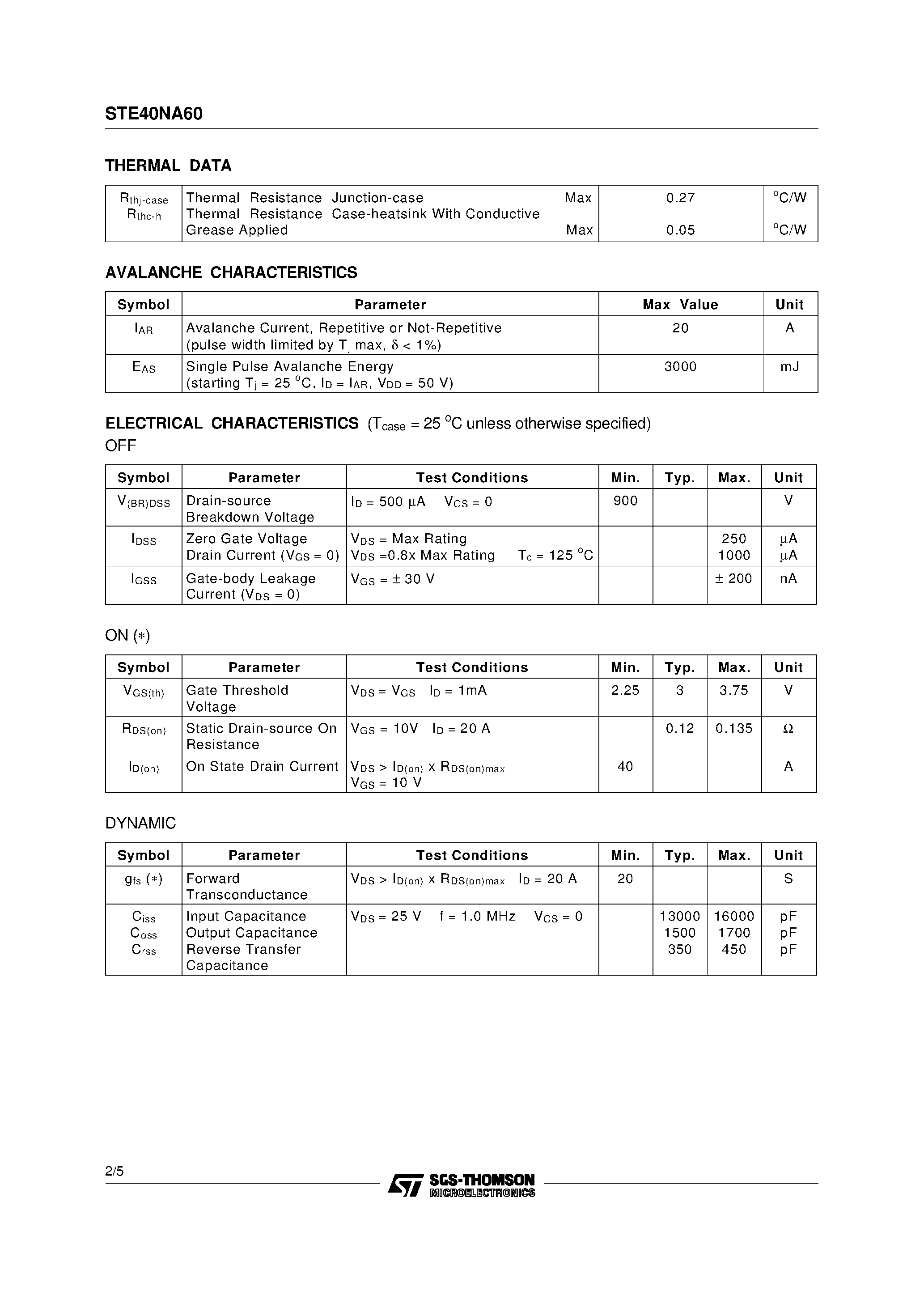 Datasheet STE40NA60 page 2 Datasheet STE40NA60 - N - CHANNEL ENHANCEMENT MODE FAST POWER MOS TRANSISTOR page 2