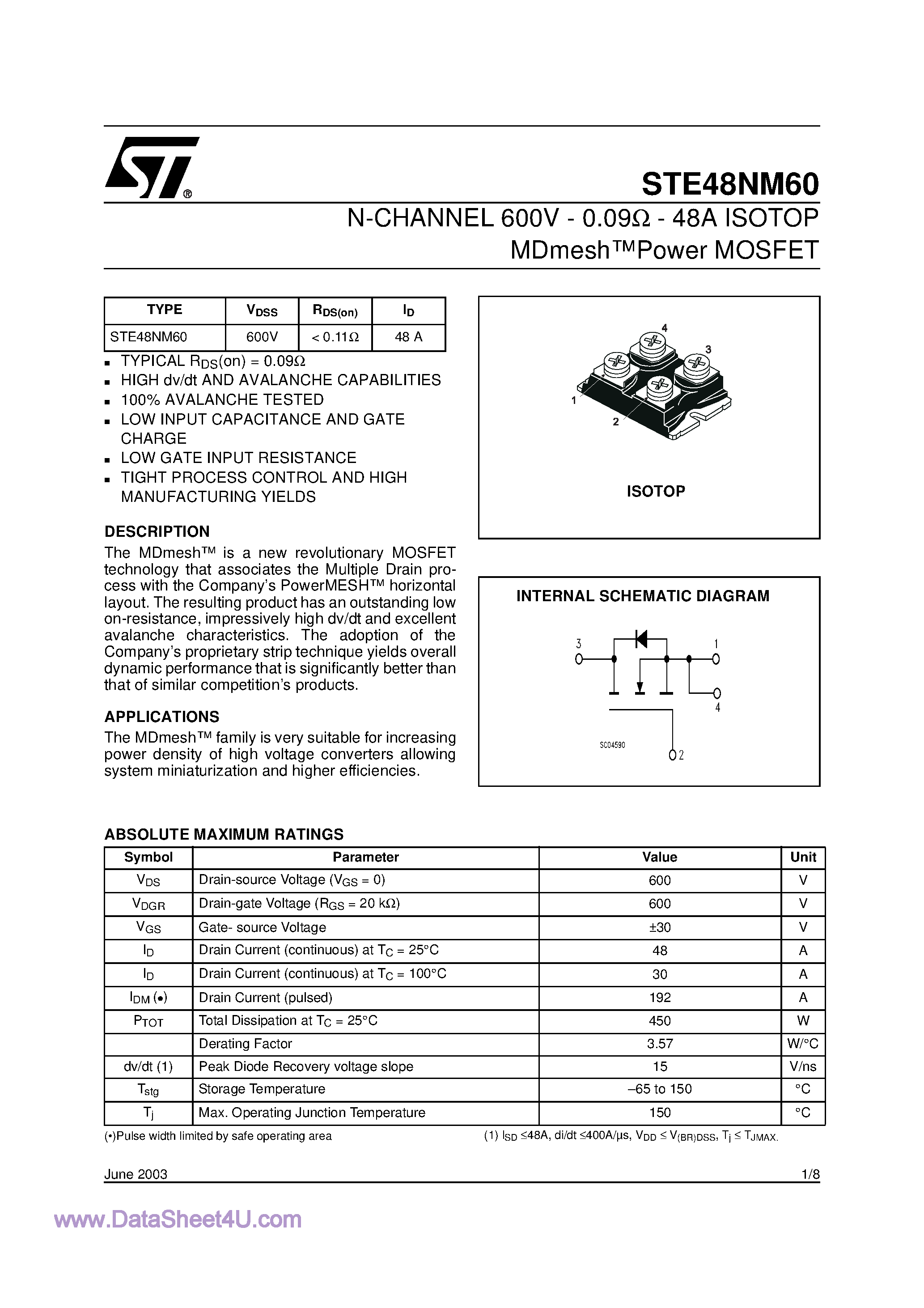Даташит на микросхему STE48NM60 страница 1 Даташит STE48NM60 - N-channel 600V 0.09 Ohm 48A ISOtop Mdmesh Power MOSFET страница 1