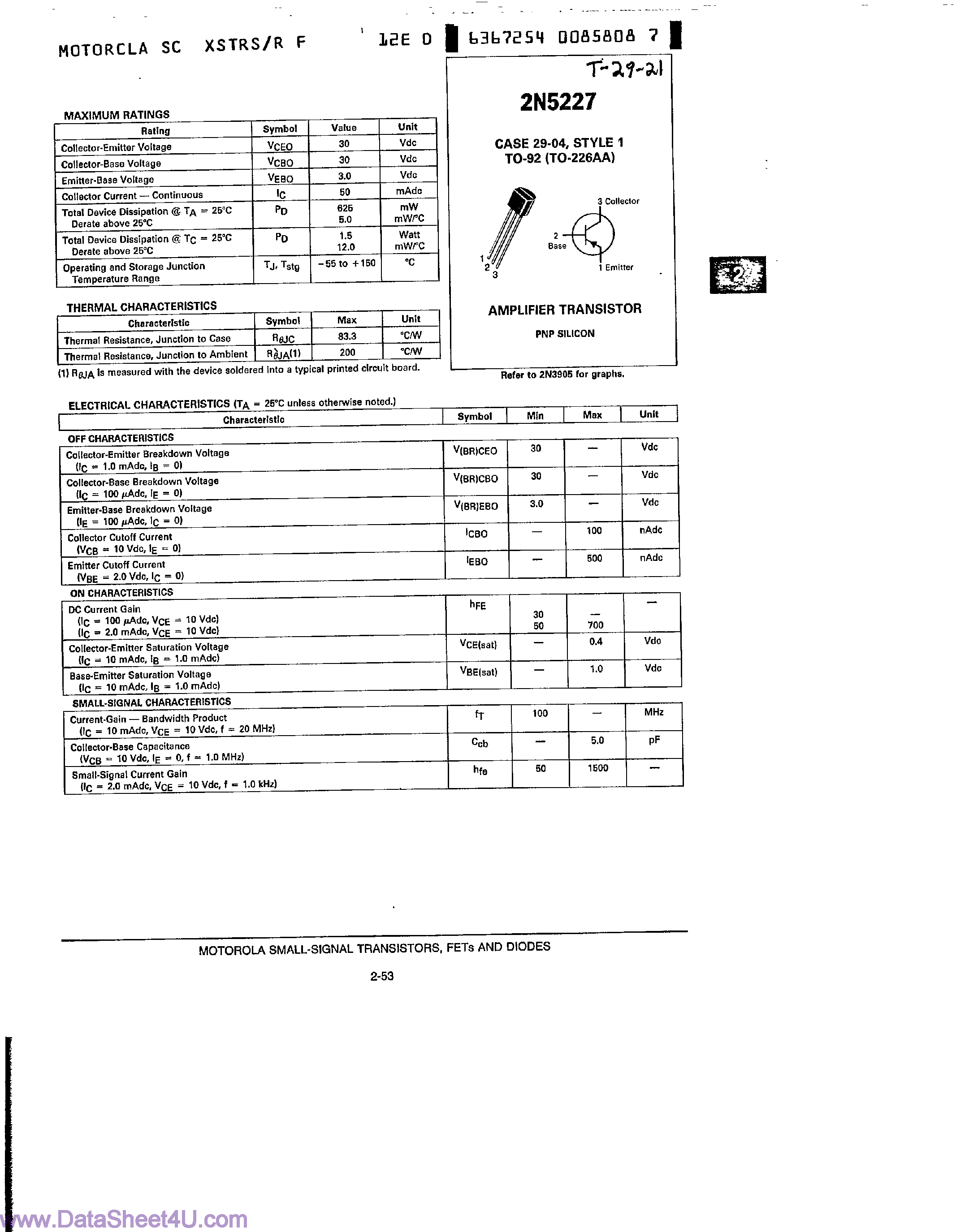 Datasheet 2N5227 - Amplifier Transistor page 1